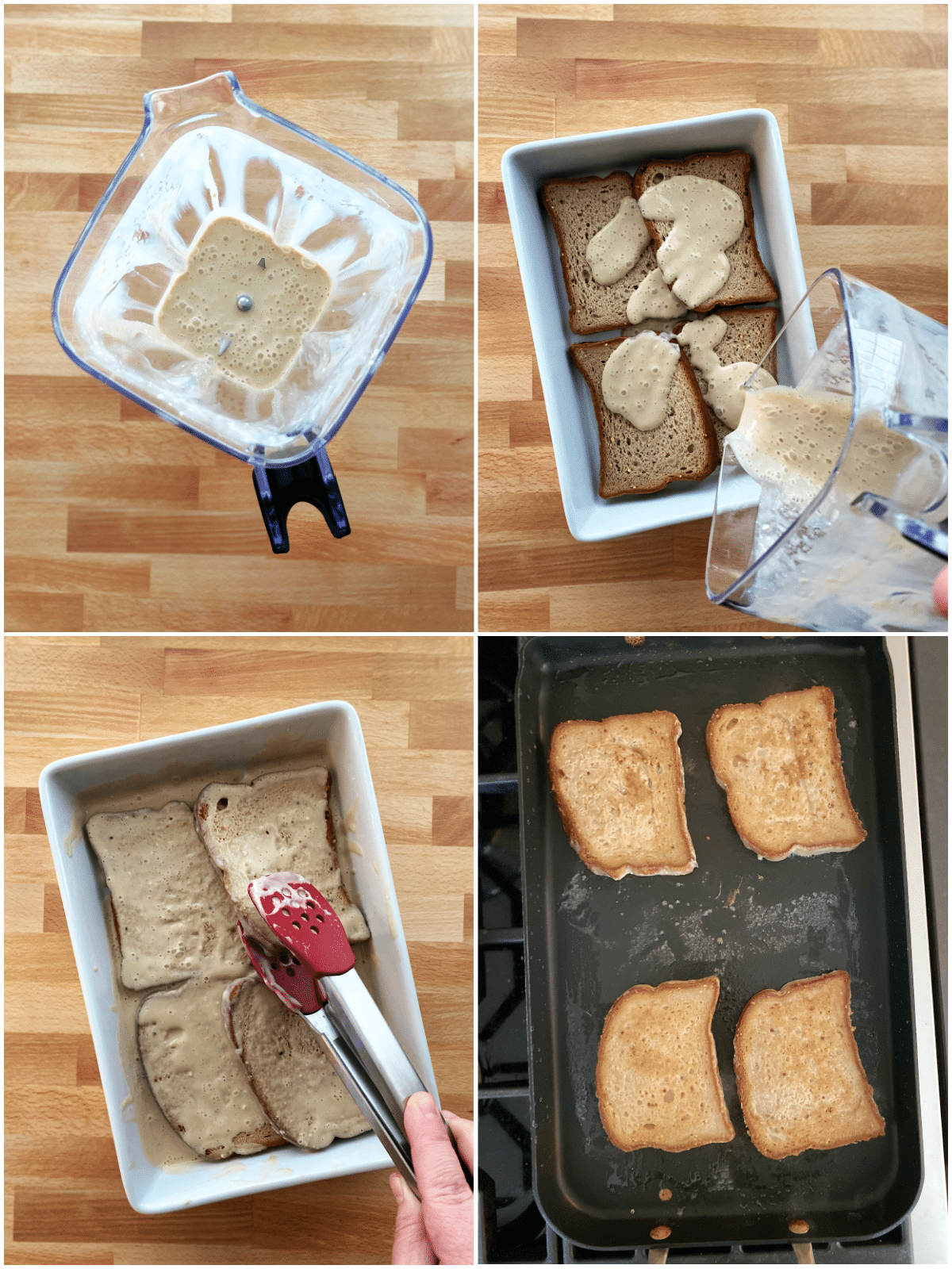 A four photo collage shows how to make Baileys Irish cream French toast: blend custard, pour custard over bread slices, coat bread completely, and cook on a griddle.