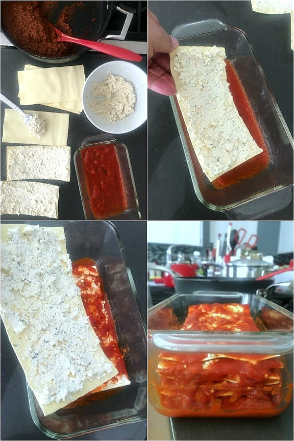 A four photo collage showing step by step assembly to make lasagna: spread vegan ricotta cheese over noodles, layer them in baking dish with sauce and vegan meat sauce.