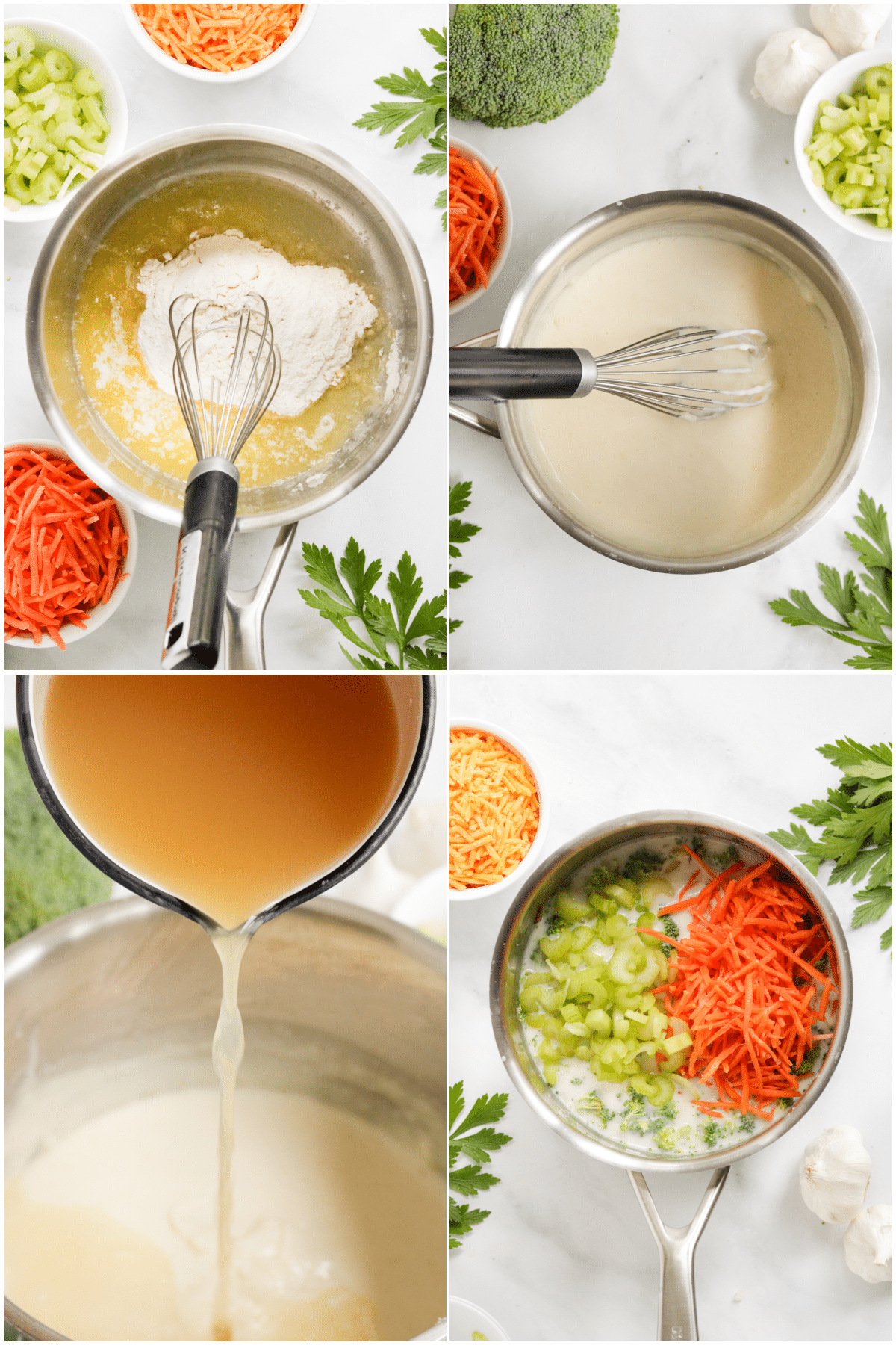 Four image collage showing how to make dairy free soup: Whisk flour and melted butter into a roux, add milk, add broth, add broccoli, shredded carrots, celery, and cheese.