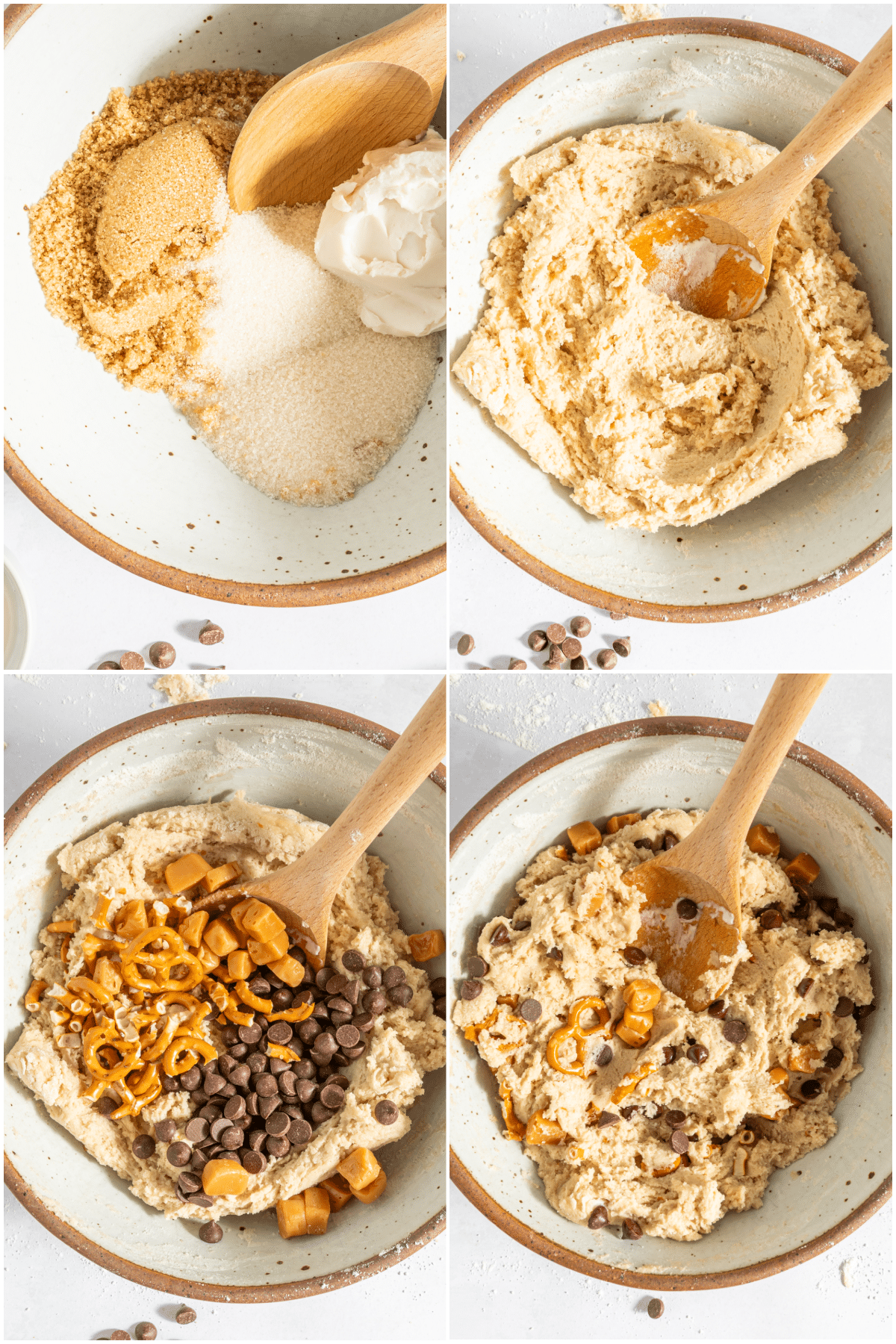 Four photos showing how to make a skillet cookie: cream together butter and sugars, stir in flours, add pretzels, caramels, and chocolate chips, stir to combine.