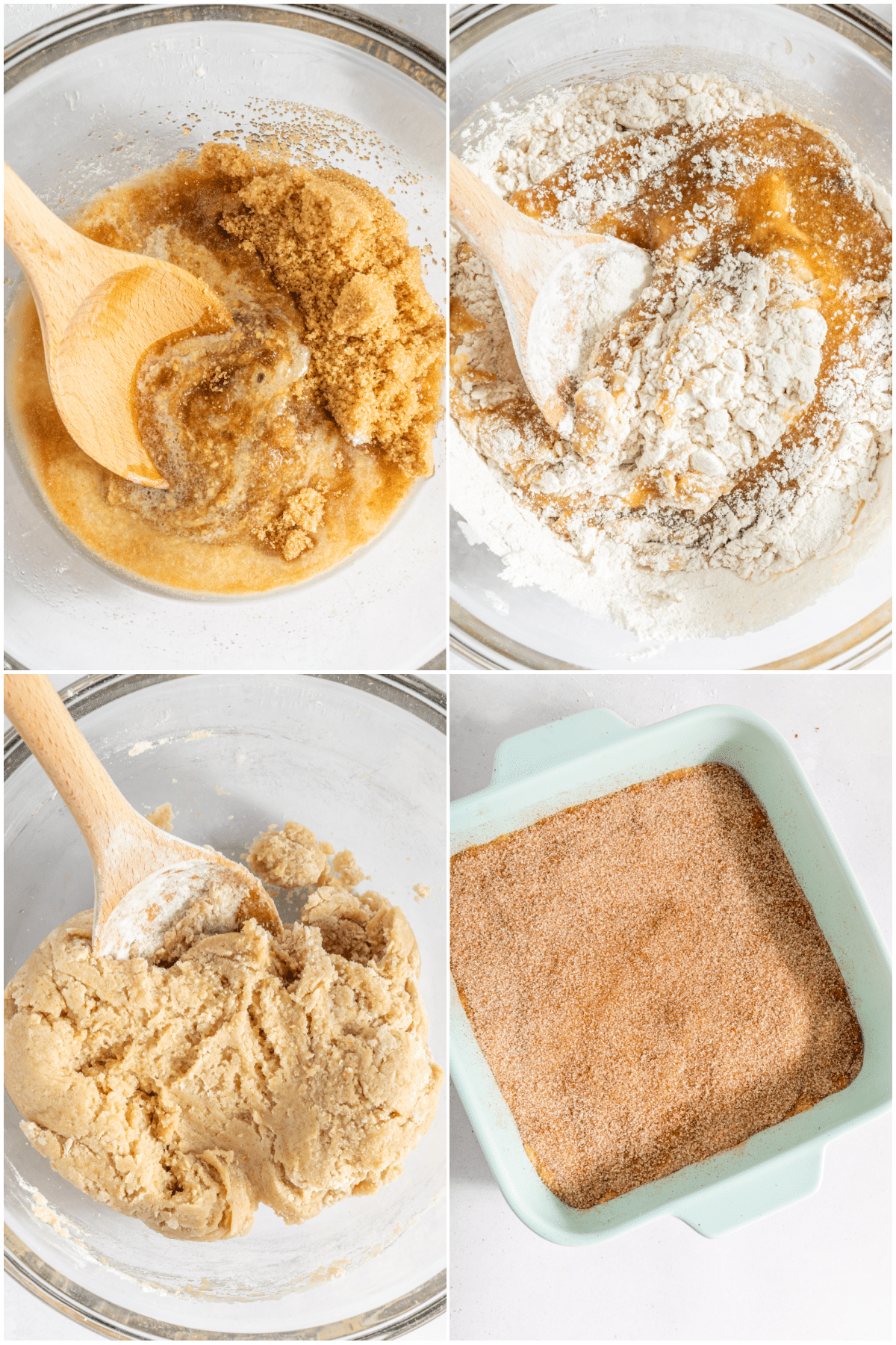 A four photo collage showing how to make snickerdoodle blondies: cream together butter and sugar, add dry ingredients, mix, spread evenly in baking dish, sprinkle with cinnamon sugar, bake.
