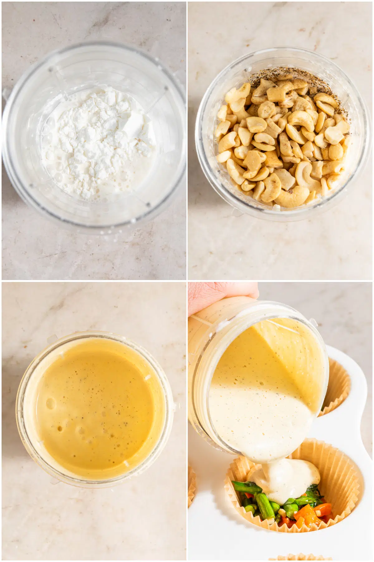 Four image collage showing how to make vegan egg bites. Combine dry ingredients, add all ingredients to blender, blend and pour over veggies in a lined muffin tin.