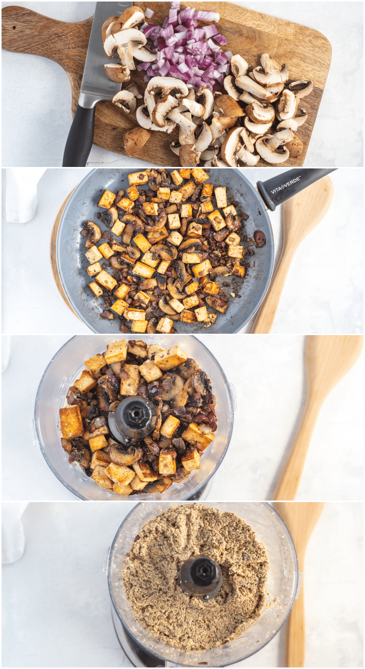 Four image collage showing how to make vegan pate: chop mushrooms, onion, and walnuts. Sauté and process or blend into a pate paste consistency.