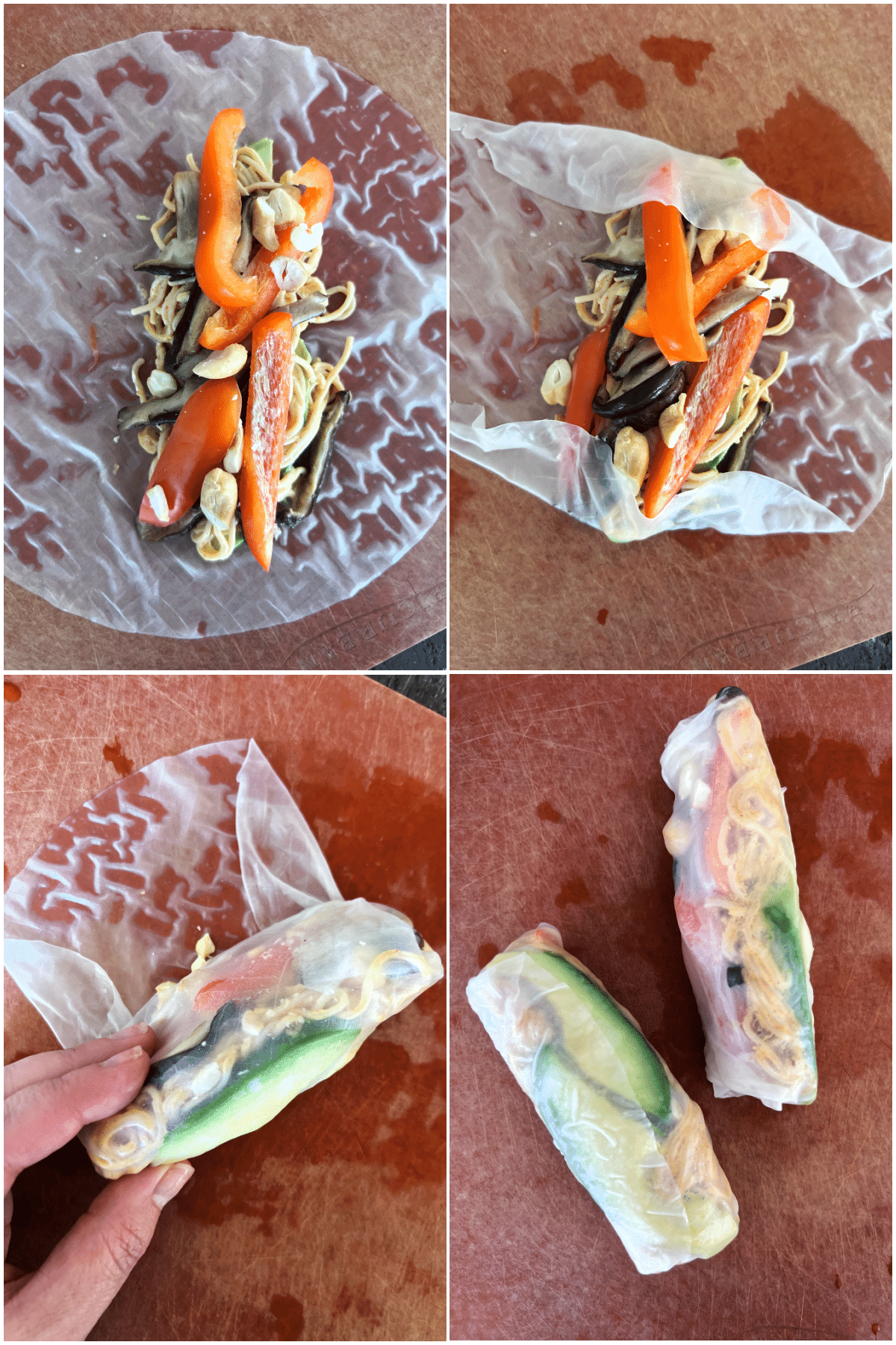 Four image collage showing how to roll spring rolls: line fillings just off center down the middle, fold in short sides first, then fold long side up over fillings and roll tight.