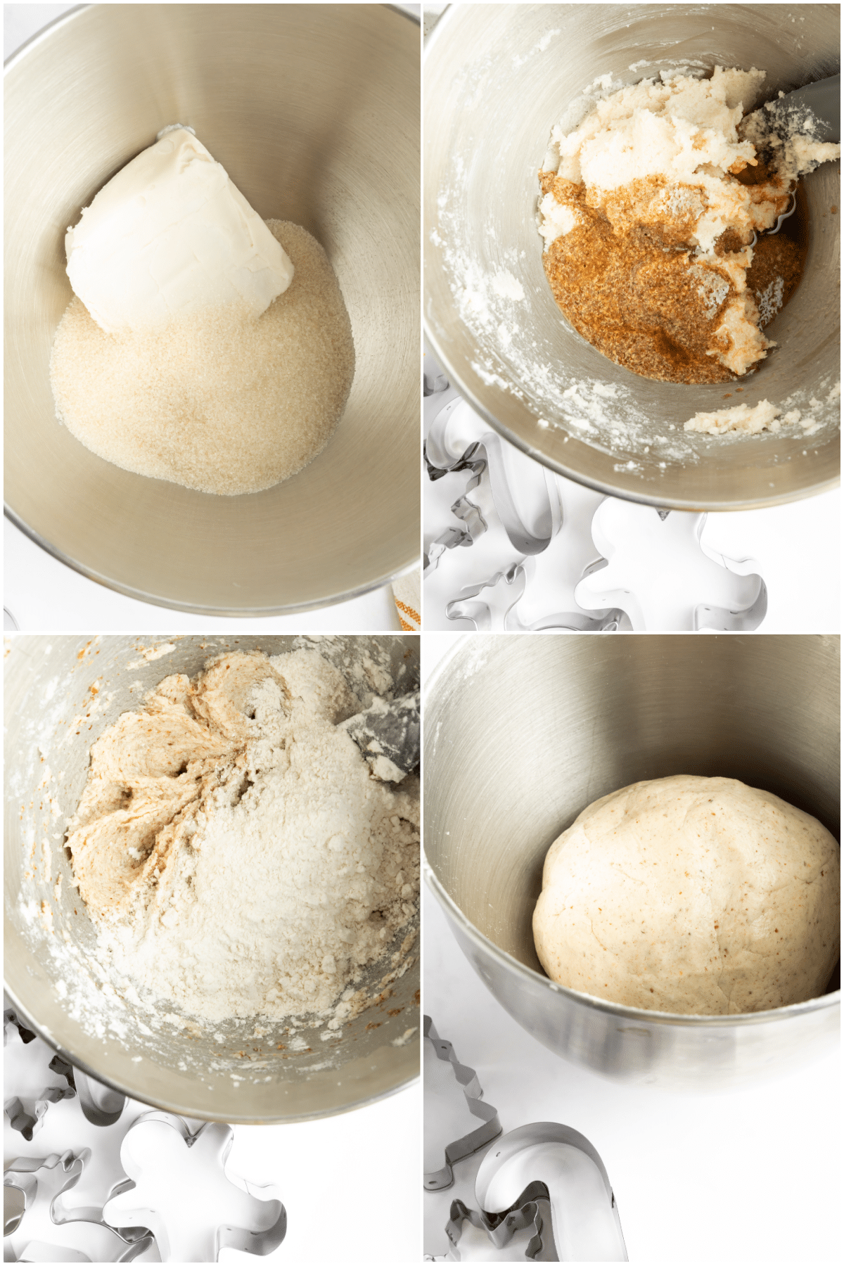 Four image collage shows how to make gluten free vegan cut out cookies that do not spread: cream together butter and sugar, add flax mixture and stir, add flour, combine to a cookie dough to be rolled out and cut.
