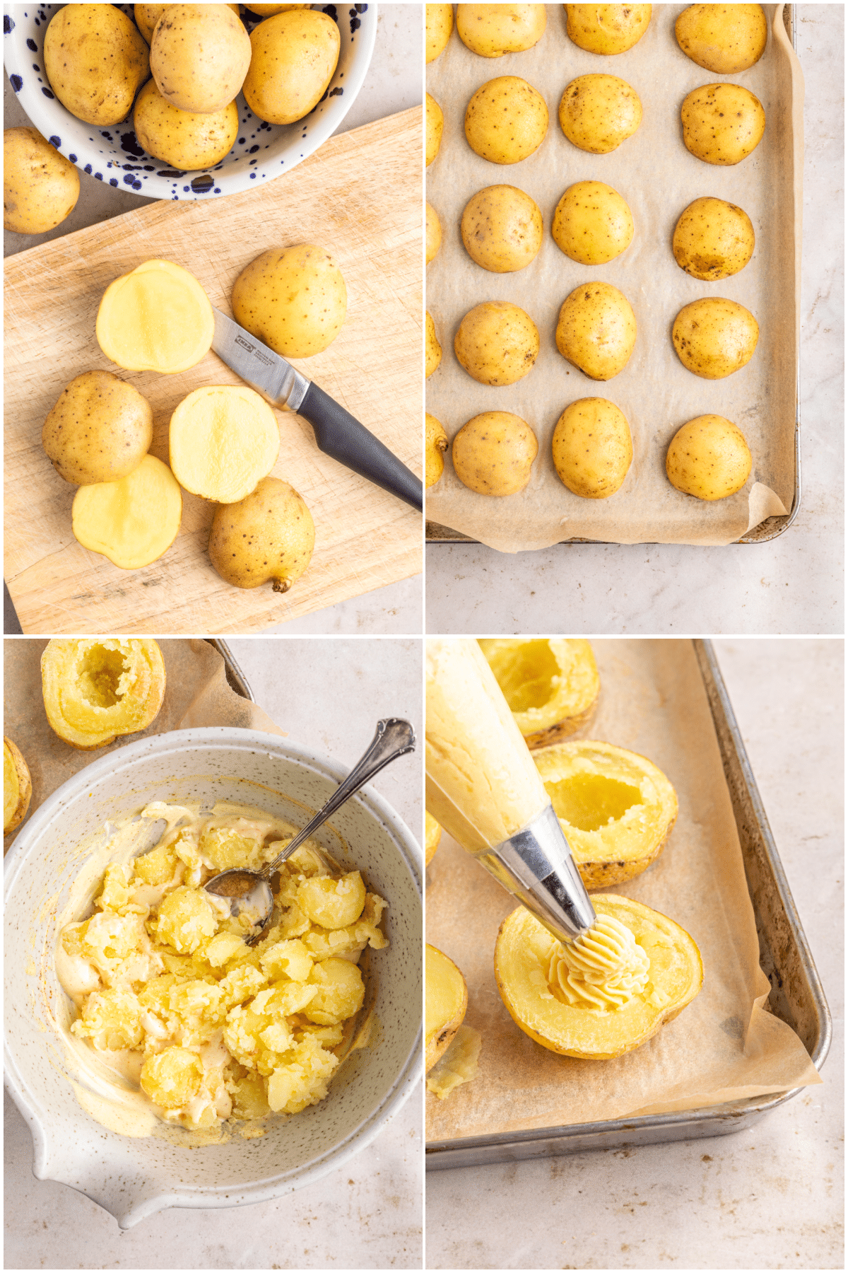 Four image collage showing how to make deviled egg potatoes: slice mini potatoes in half, arrange cut side down on parchment lined baking sheet, scoop out baked potato insides, combine with vegan mayonnaise and other ingredients, pipe filling into hollowed out potato.
