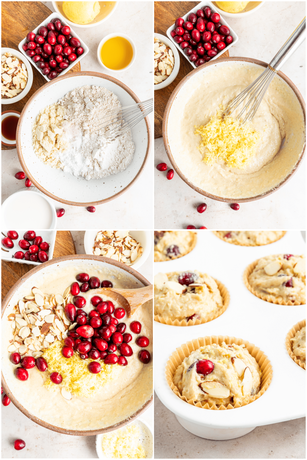 A four image collage showing how to make cranberry lemon muffins: stir the flours, add the wet ingredients, stir in the cranberries and almond slices, transfer to muffin tin and bake.