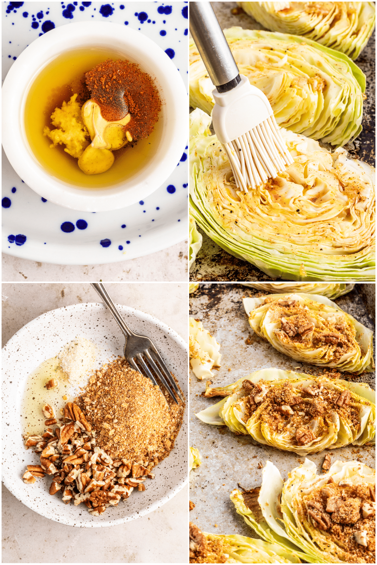 Four image collage showing how to make cabbage steaks: mix marinade, brush marinade over cabbage pieces, mix breading, sprinkle over cabbage pieces.