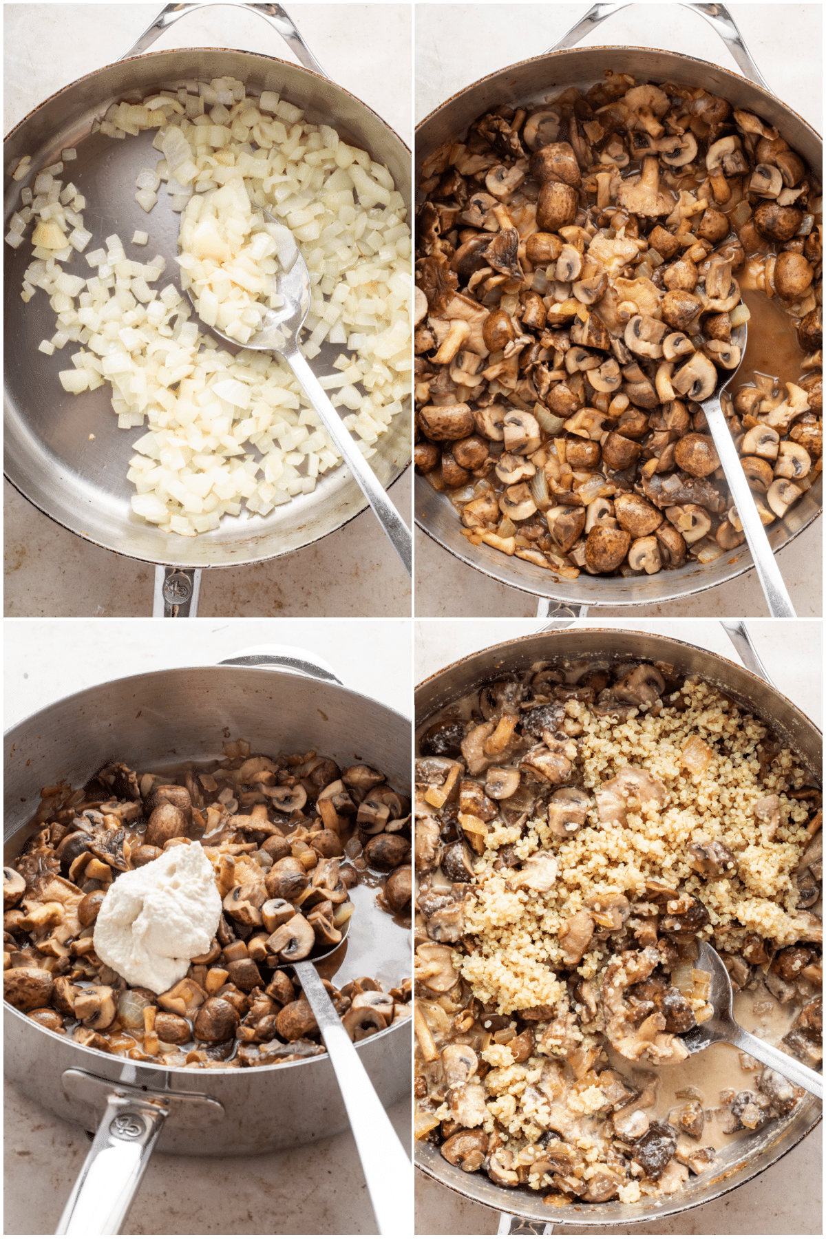 A four image collage showing how to make a mushroom pie: sauté onions, add mushrooms and continue to cook, add cashew cream, add cooked quinoa.