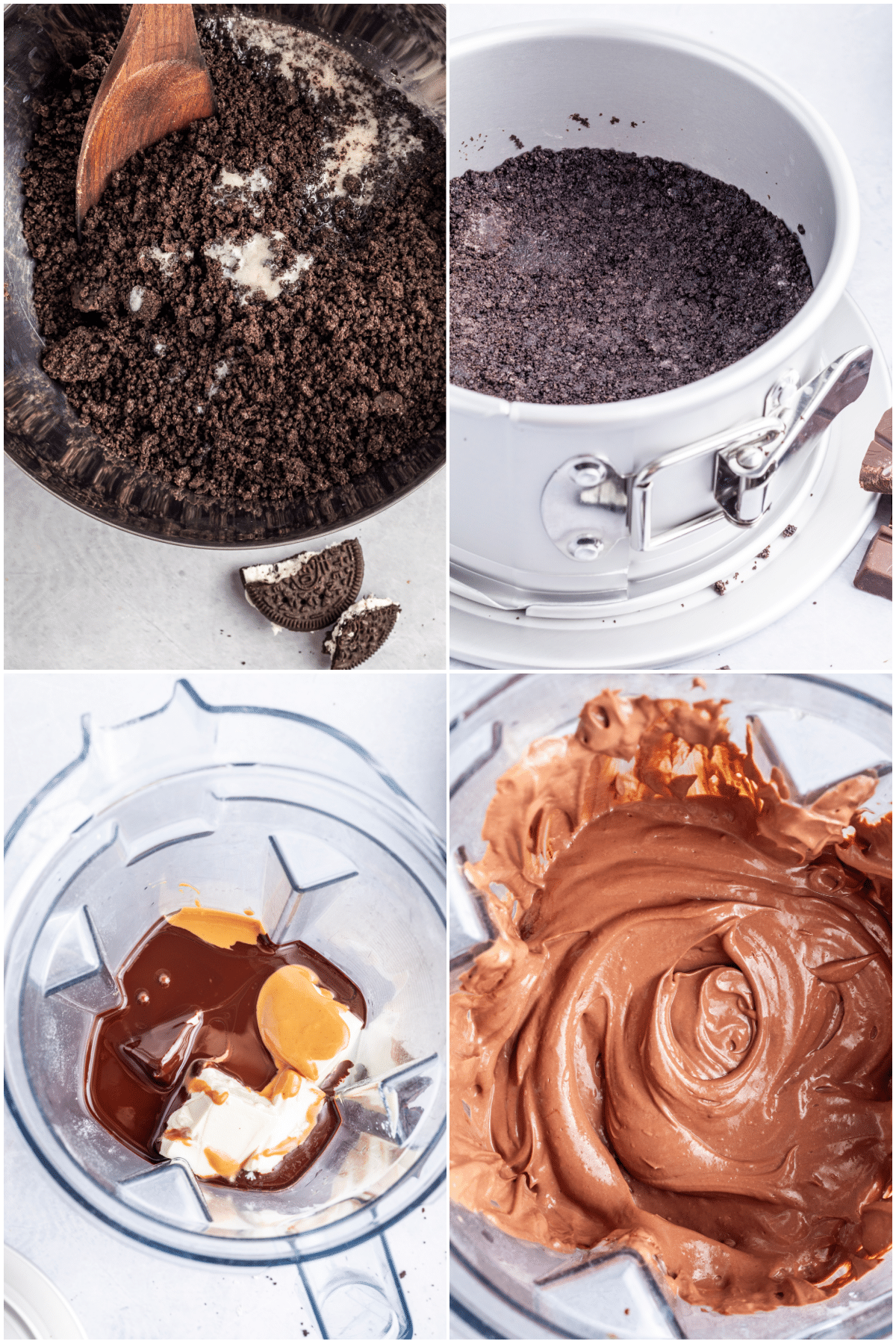 A four image collage shows how to make an Oreo Peanut Butter Pie: combine melted butter with crushed Oreo cookies, press cookie mixture into springform pan, blend melted chocolate, peanut butter, and silken tofu until smooth, add to top of Oreo crust.