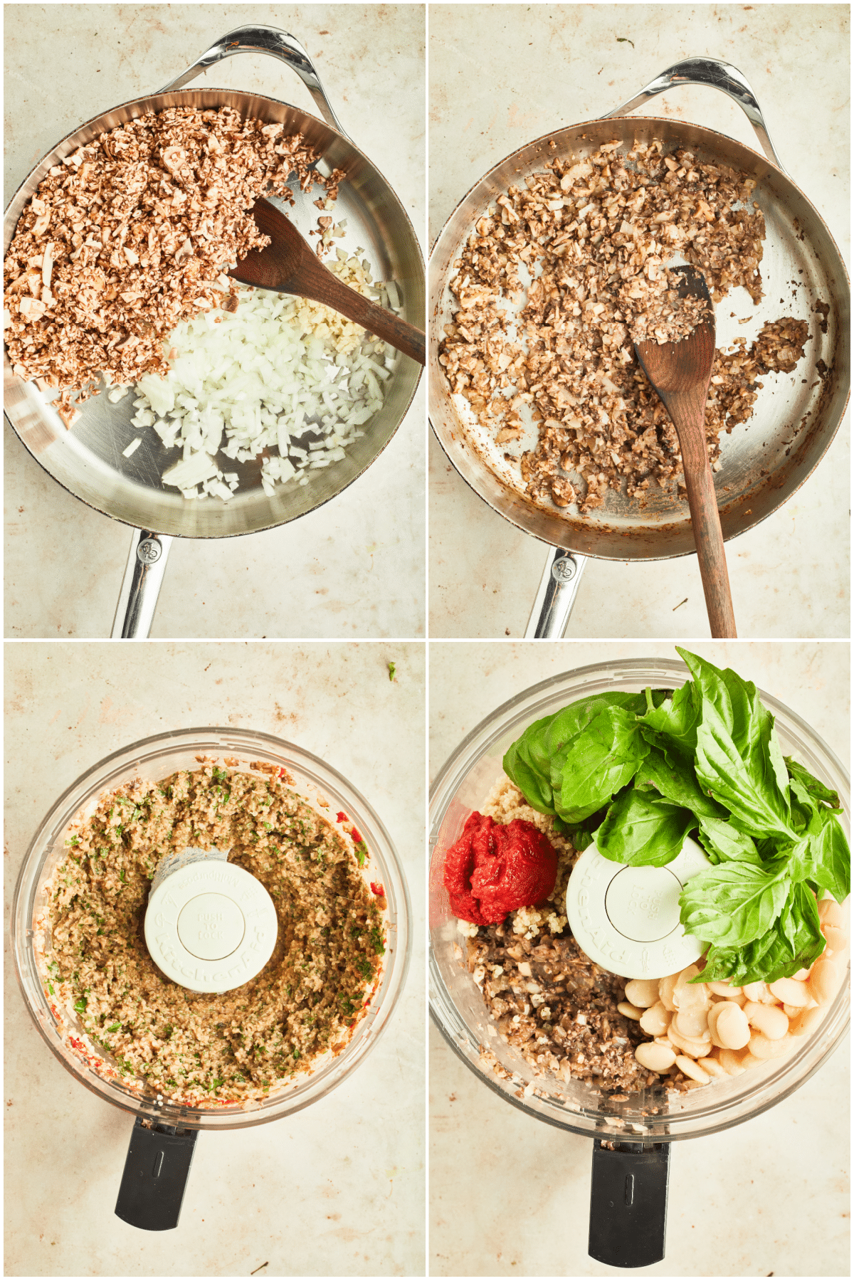 A four image collage showing the first four steps in making basil quinoa meatballs: saute onion and garlic in a skillet, add mushrooms, transfer to a food processor, add fresh basil, beans, and spices.