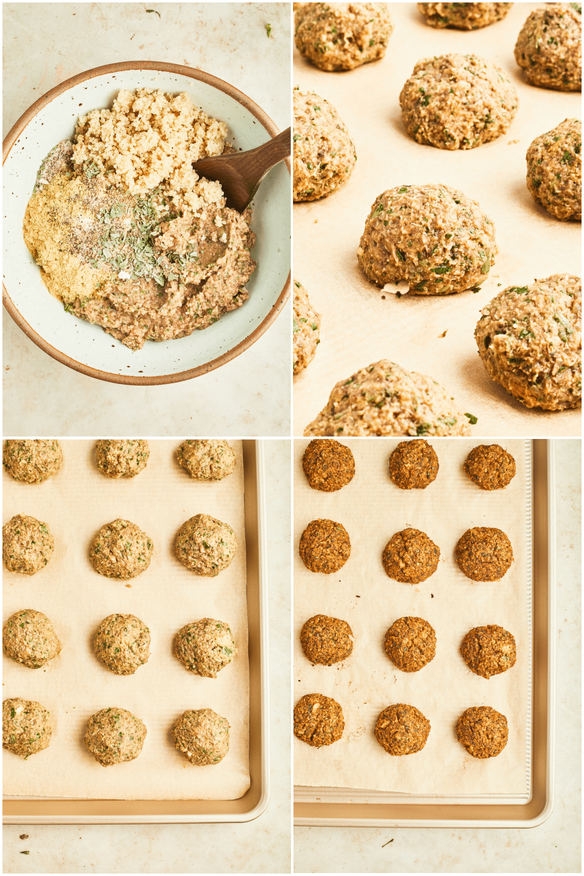 A four image collage showing the second four steps in how to make basil quinoa meatballs: combine previously blended ingredients with cooked quinoa, shape into balls, arrange on baking sheet and bake.