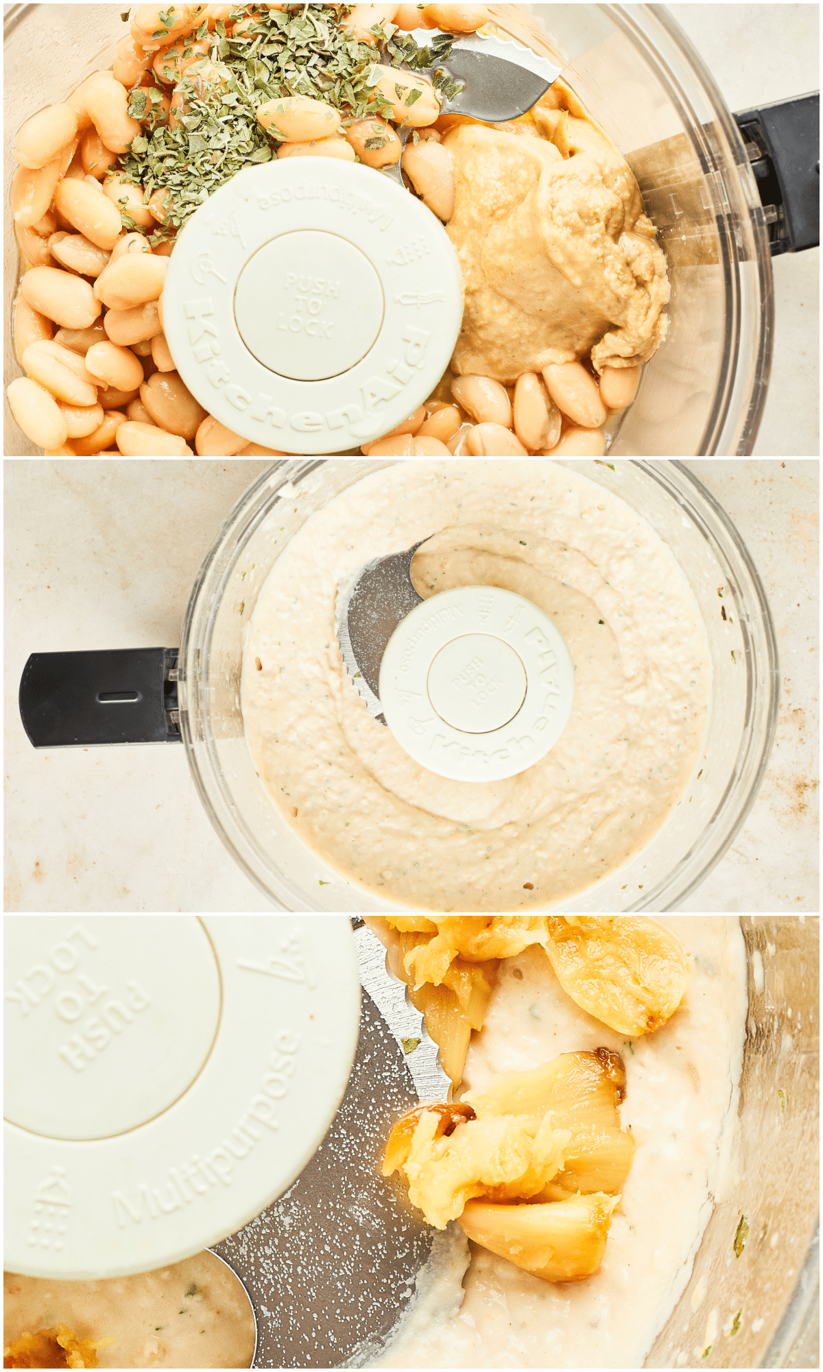 A three image collage shows how to make roasted garlic white bean dip: add beans, tahini, herbs, spices, and lemon to a food processor. Blend until smooth, add roasted garlic, blend again until smooth.