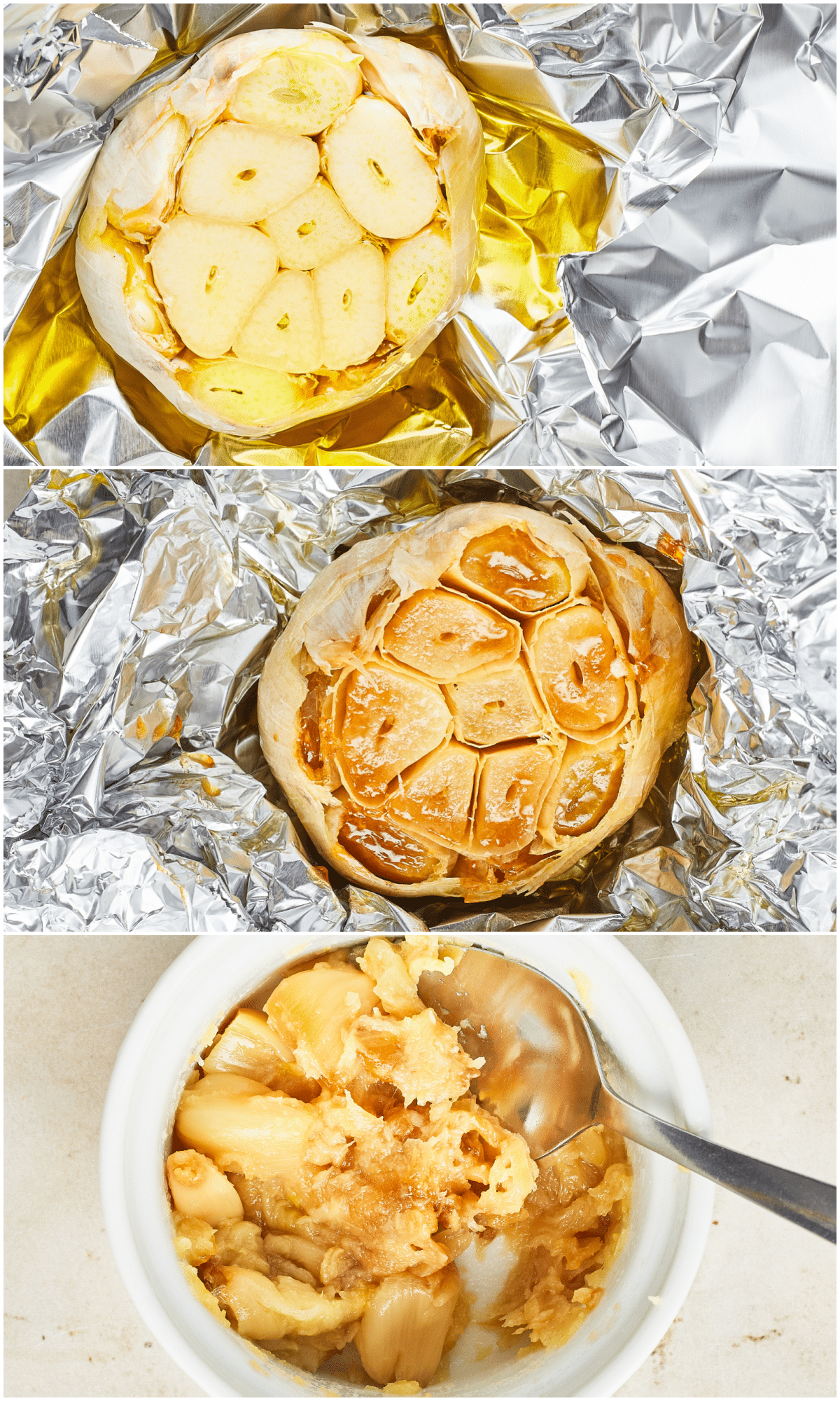 A three image collage shows how to roast garlic: slice top from garlic bulb, add olive oil and wrap with foil. Roast, then transfer garlic cloves to a bowl and mash.