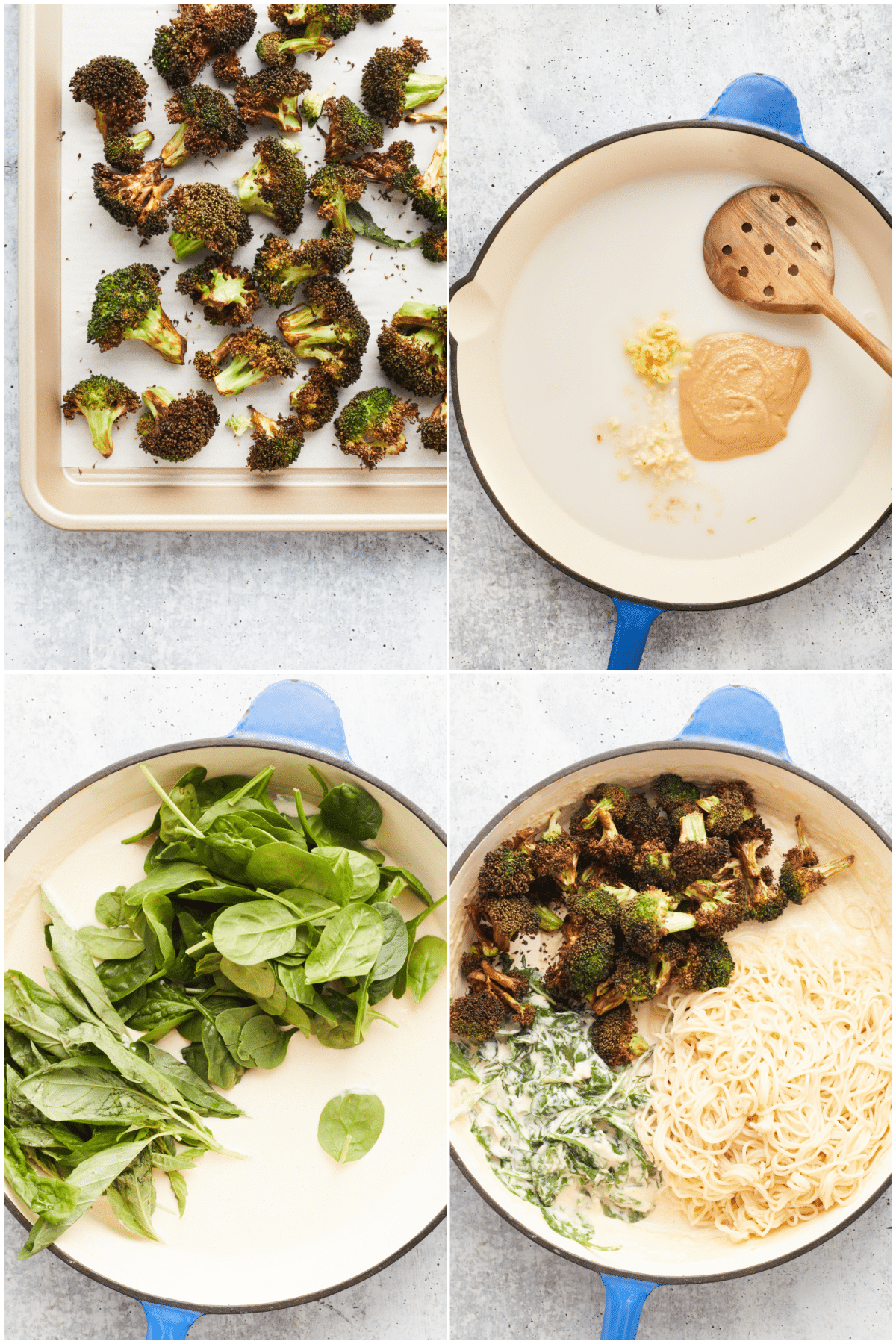 A four image collage showing how to make ginger sesame noodles with roasted broccoli: roast the broccoli, make the sauce, add the spinach, noodles, and broccoli.
