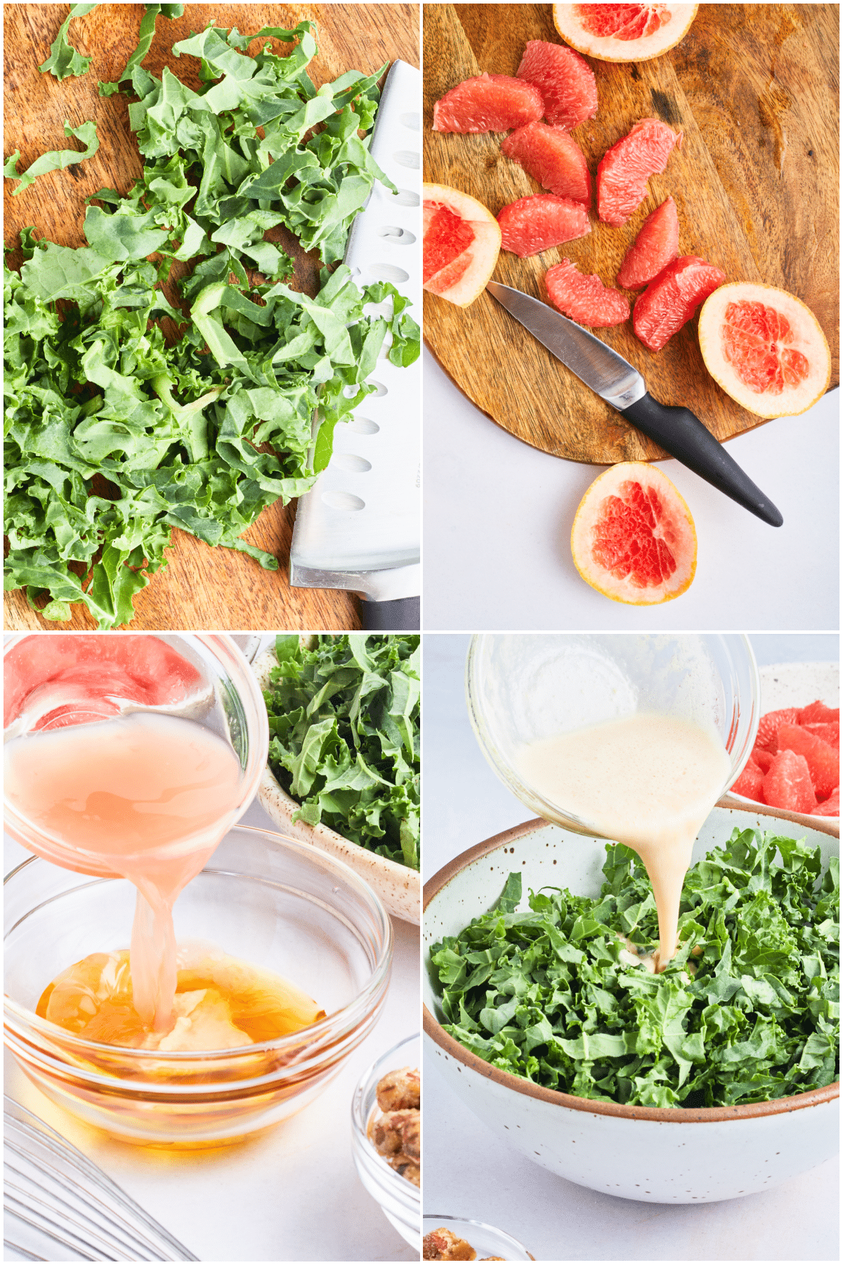 A four image collage showing how to make grapefruit kale salad: chiffonade the kale (chiffonade is to roll and slice the kale into thin strips), cut the grapefruit into segments, make the dressing, pour the dressing over the kale.