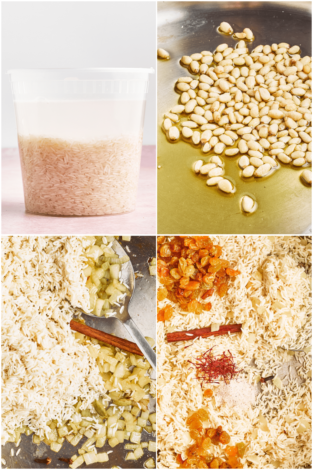 A four image collage showing how to make saffron rice: soak the rice, toast the pine nuts in olive oil, sauté the onion, add the rice, sultanas, and spices.