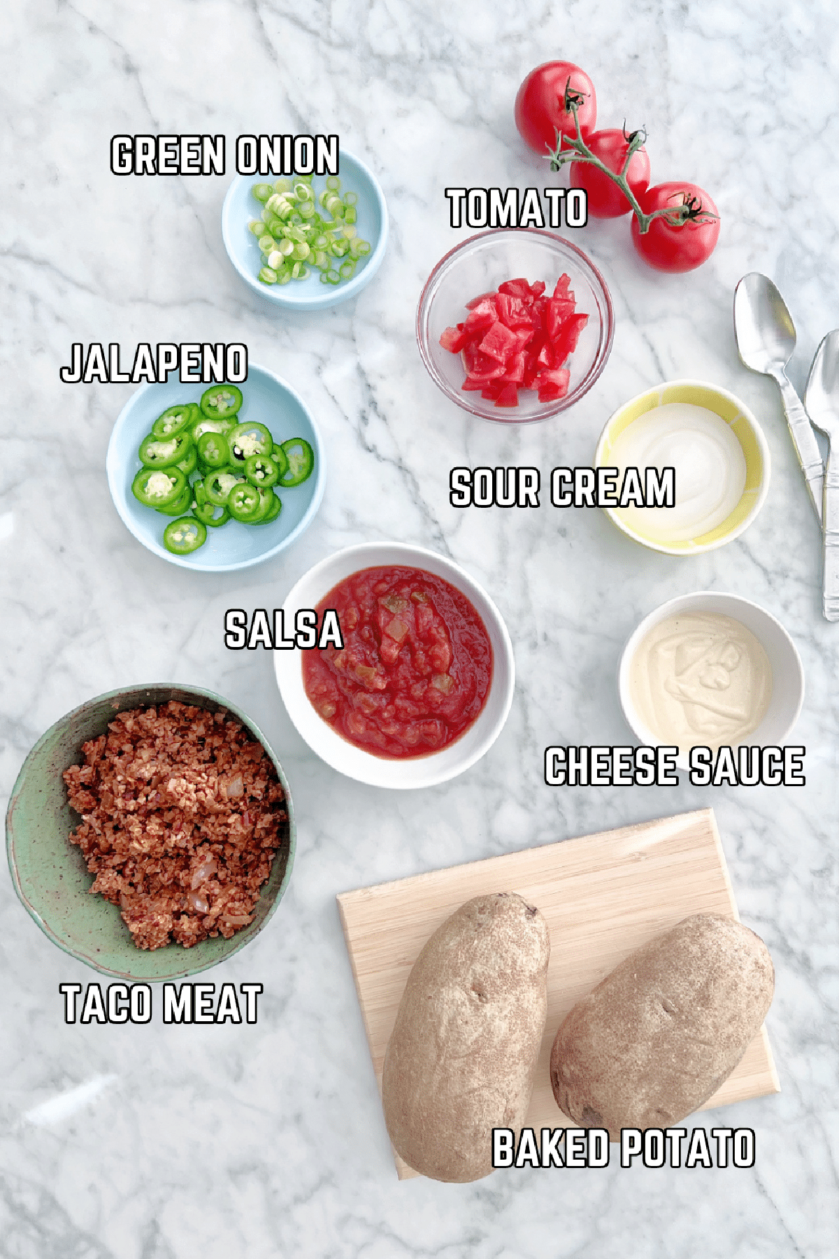 Overhead view of taco baked potato ingredients: potatoes, taco meat, salsa, cheese sauce, sour cream, jalapeños, tomatoes, green onions.