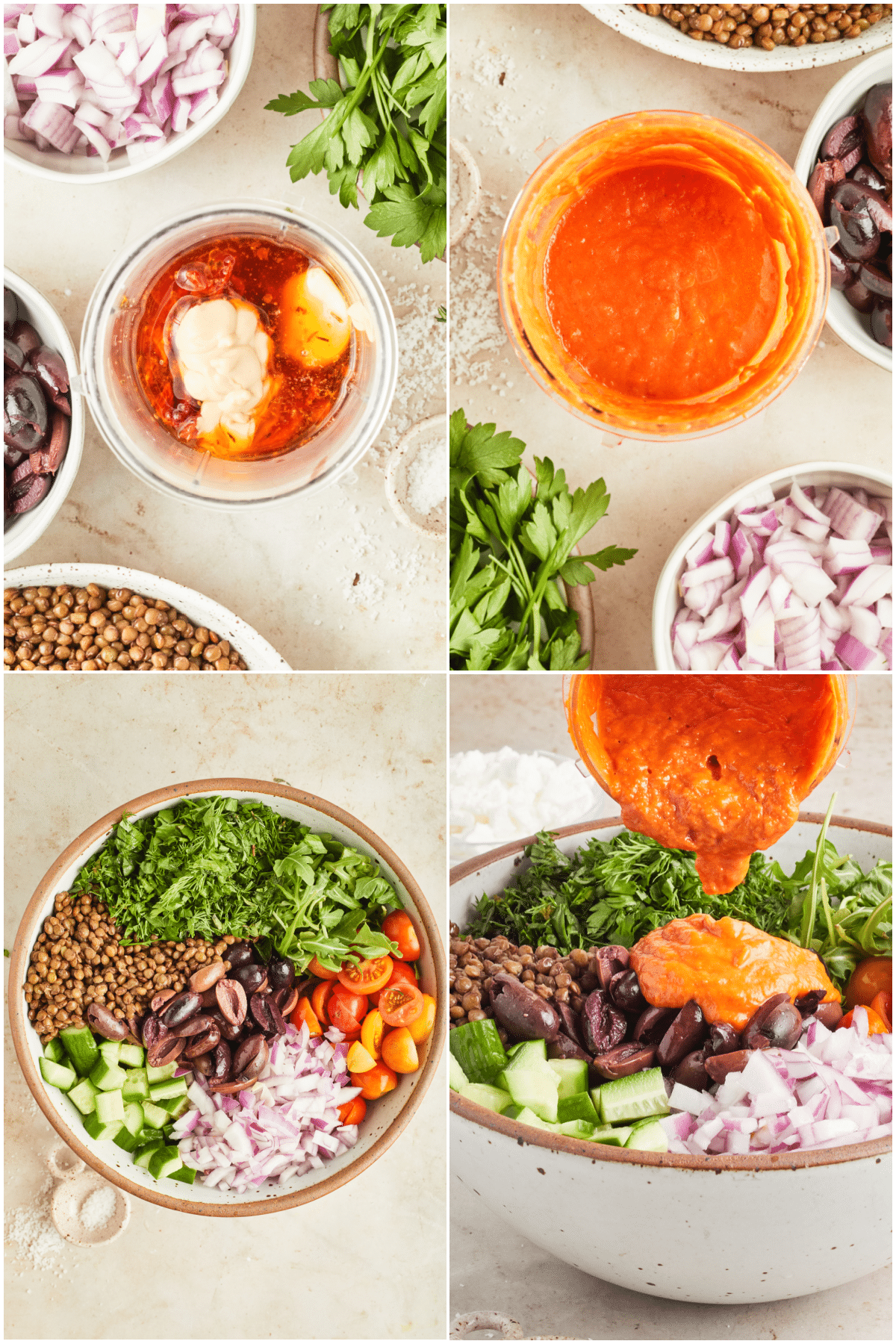 A four image collage showing how to make a Mediterranean lentil salad: combine the ingredients for the sun dried tomato dressing, blend dressing, pour over the bowl of separated salad ingredients, stir to combine.