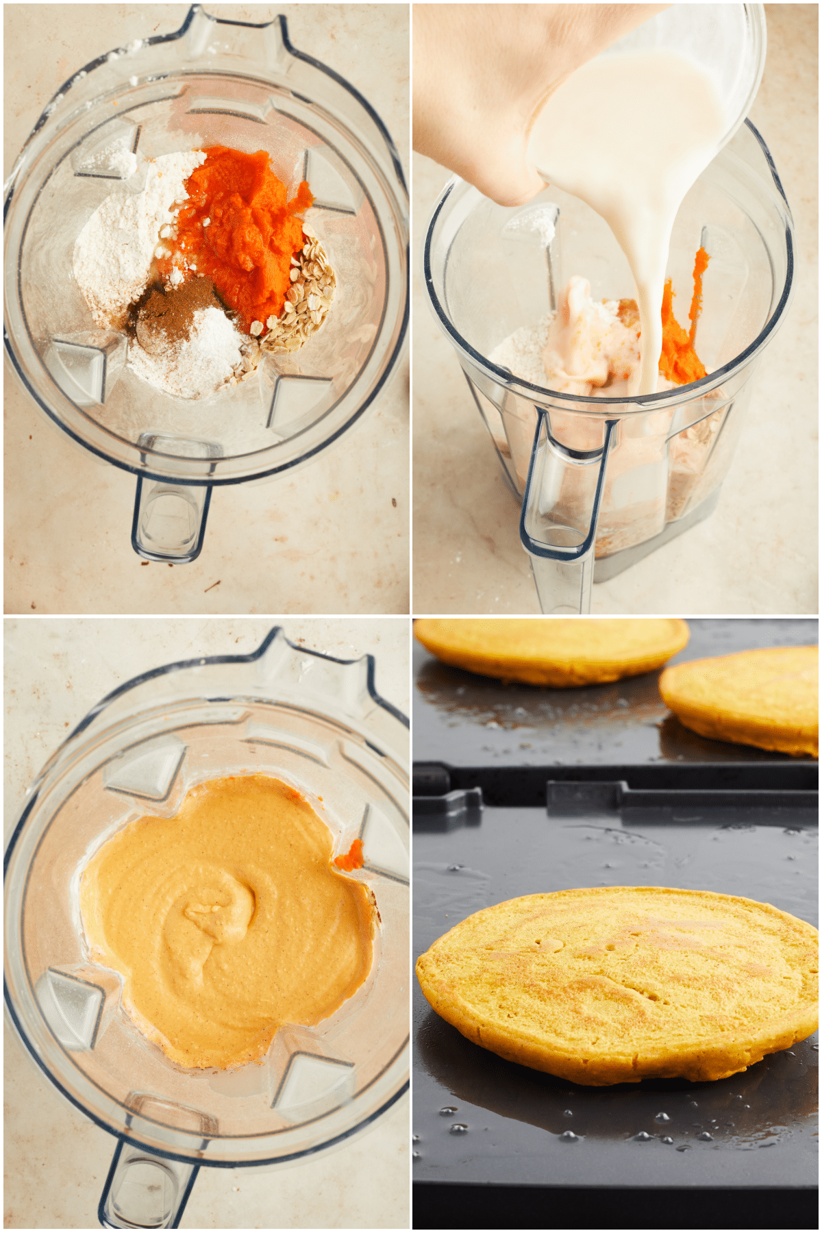 A four image collage showing how to make carrot pancakes: blend carrots, oats, flour, spices. and milk. Pour by a measured amount onto a hot griddle.