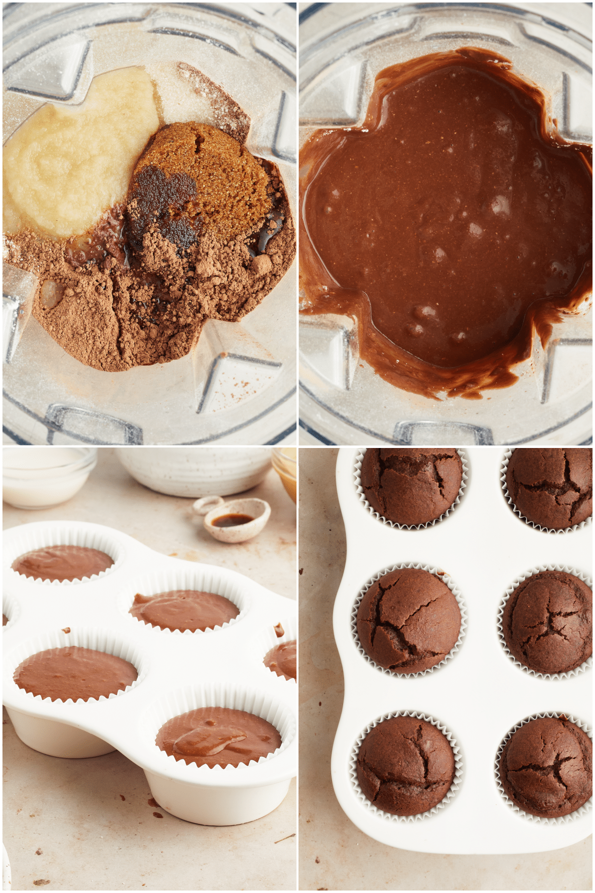 A four image collage showing how to make chocolate cupcakes: combine the wet ingredients, add the dry ingredients, divide into a paper lined cupcake tin, bake.