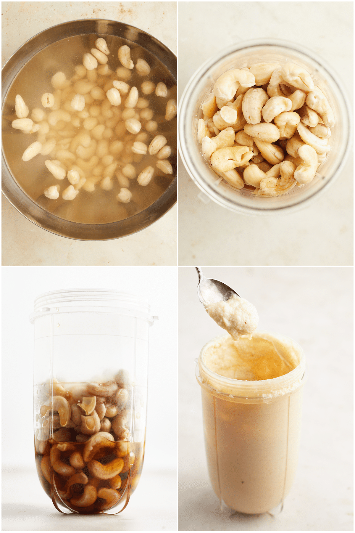 A four image collage showing how to make maple cashew cream: soak cashews in hot water, drain, add maple syrup, blend until smooth.