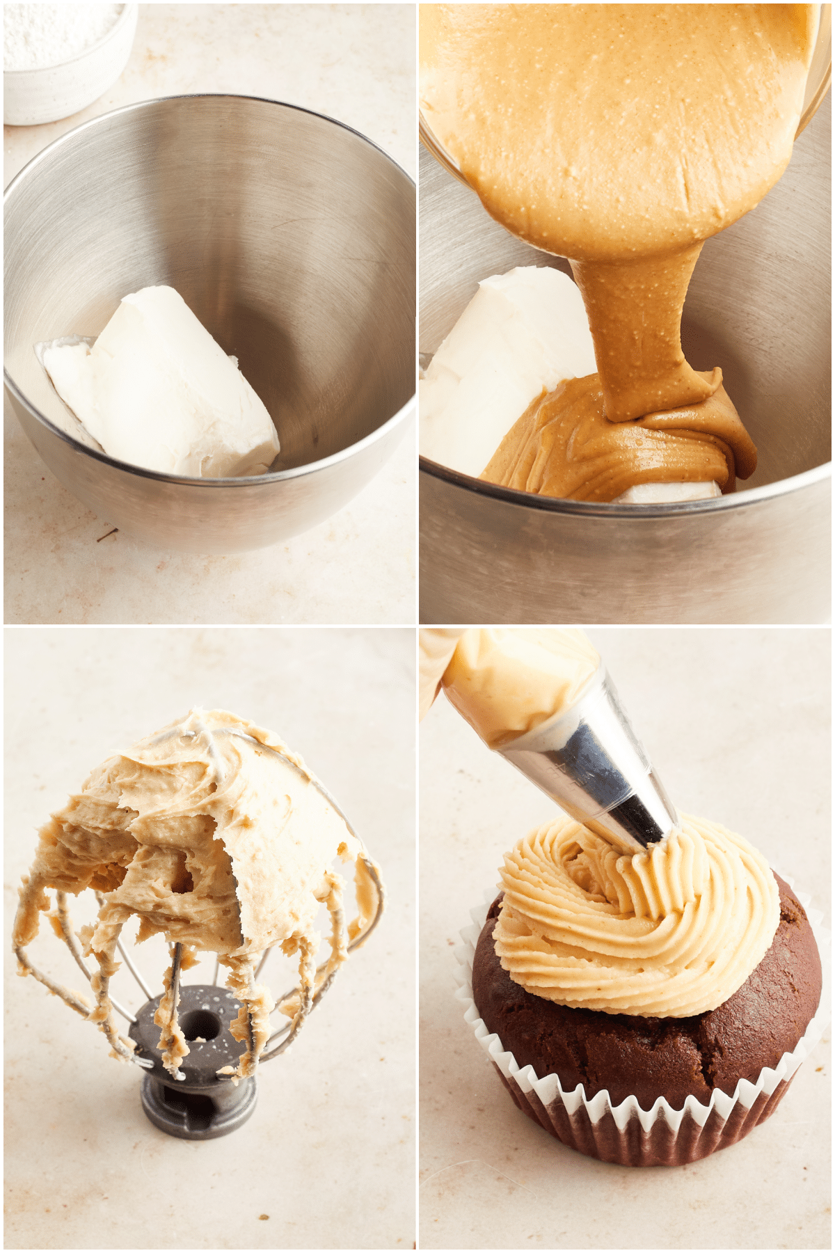 A four image collage showing how to make peanut butter frosting: Add ingredients to a bowl, whip until stiff, pipe onto cupcakes.