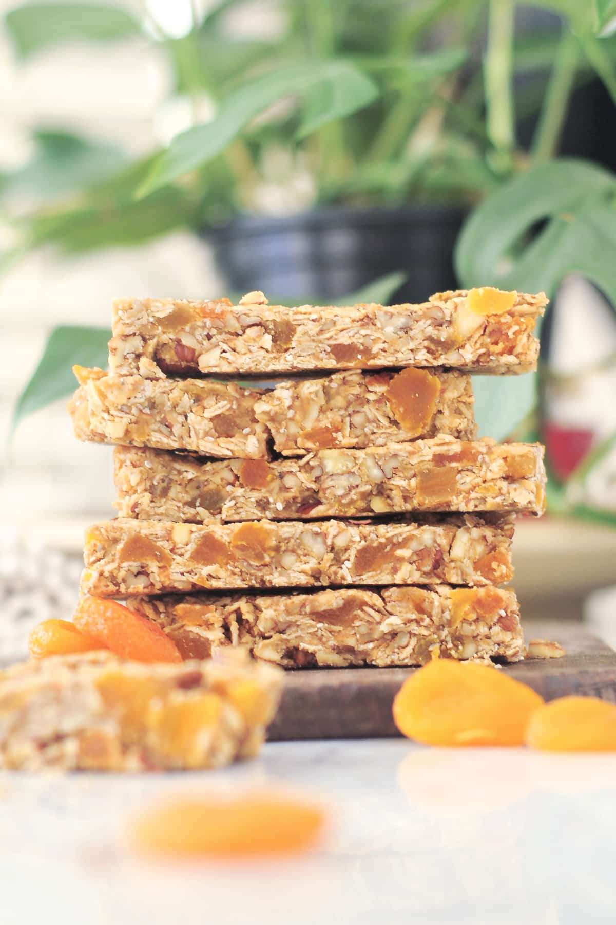 A stack of 5 granola bars sit on a wooden board. Another bar and a few dried apricots sit next to the board, and a large green plant is blurred in the background.