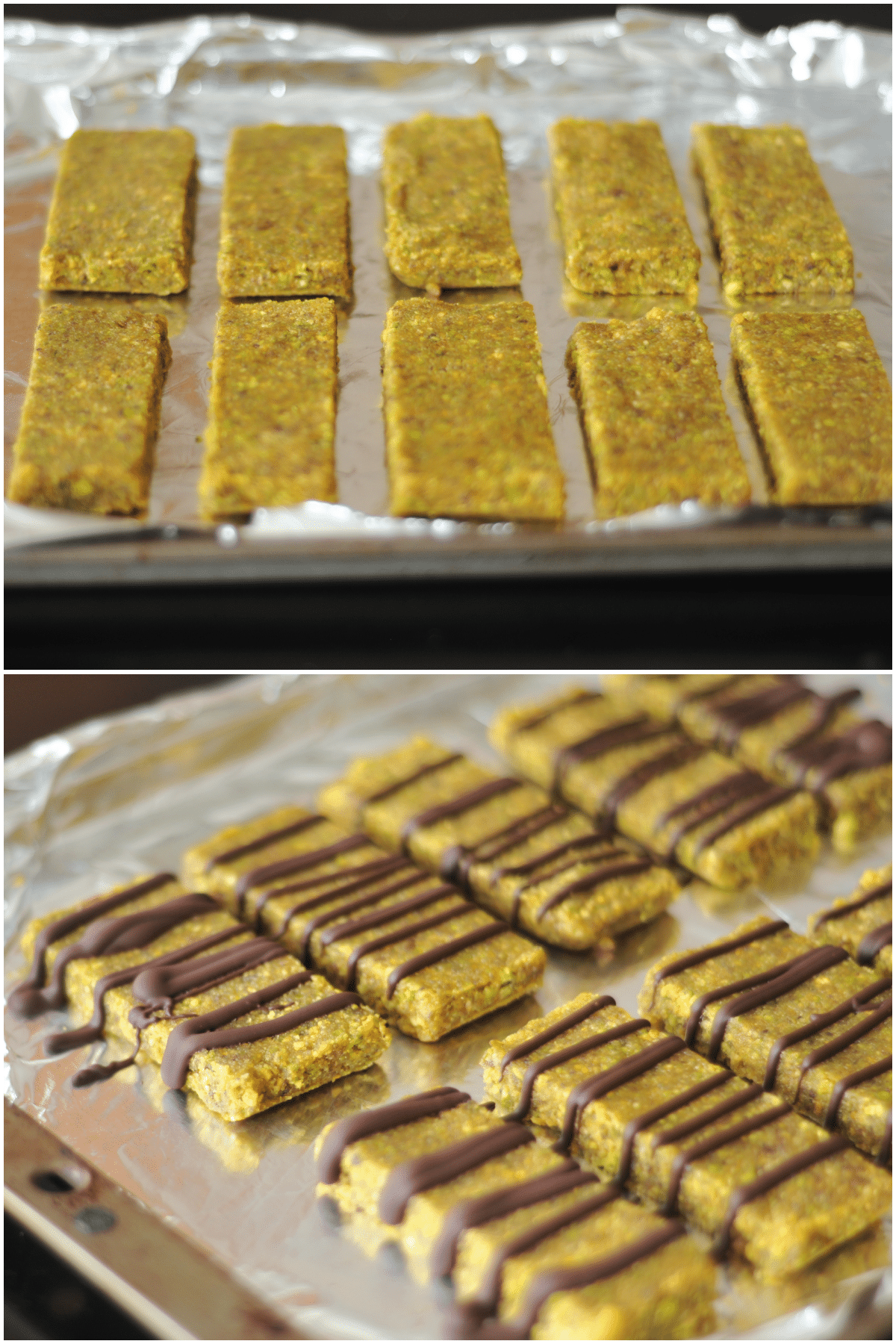 A two image collage shows how to make pistachio lime bars: slice the plain bars and arrange them on a lined baking sheet. Melt chocolate and drizzle over the top of bars. Set aside to dry.