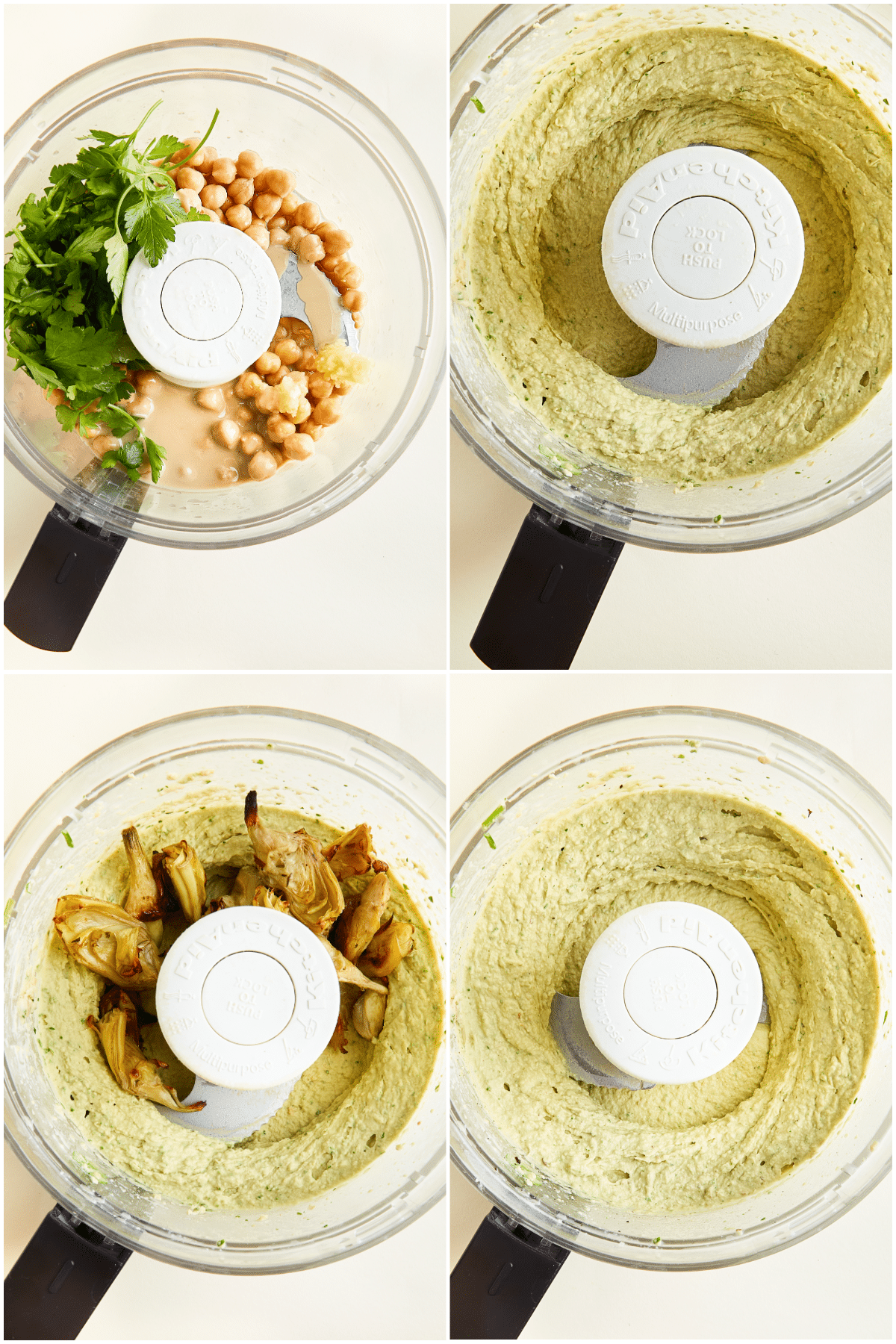 A four image collage showing how to make roasted artichoke lemon hummus: add chickpeas, tahini, spices and herbs to a food processor and blend. Add roasted artichokes and blend again until smooth.