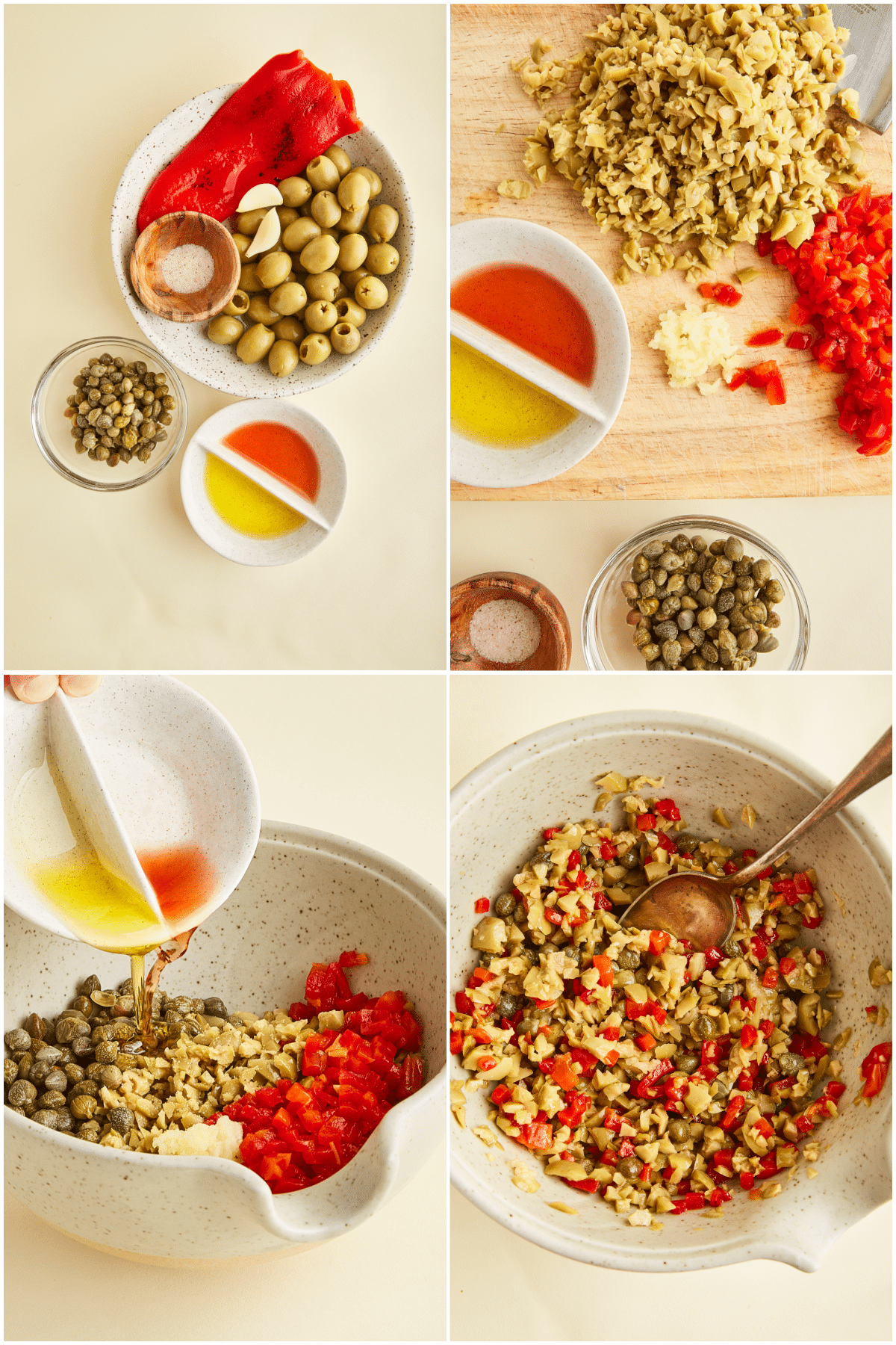 Four image collage shows how to make tapenade: chop the ingredients in uniform pieces, add to a bowl with olive oil and vinegar, stir to combine.