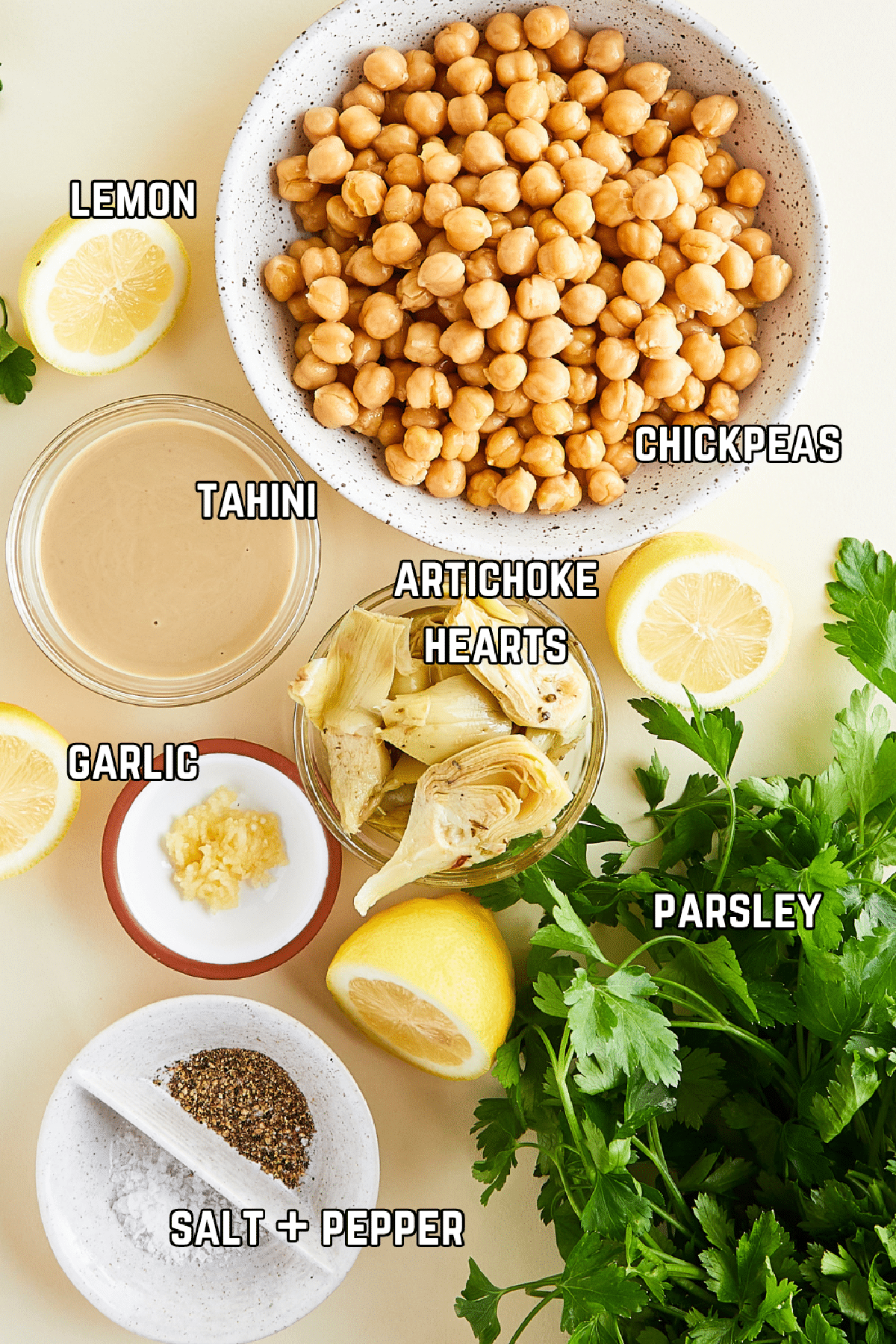 Ingredients to make artichoke hummus: chickpeas, lemon, tahini, artichoke hearts, garlic, parsley, and seasonings.
