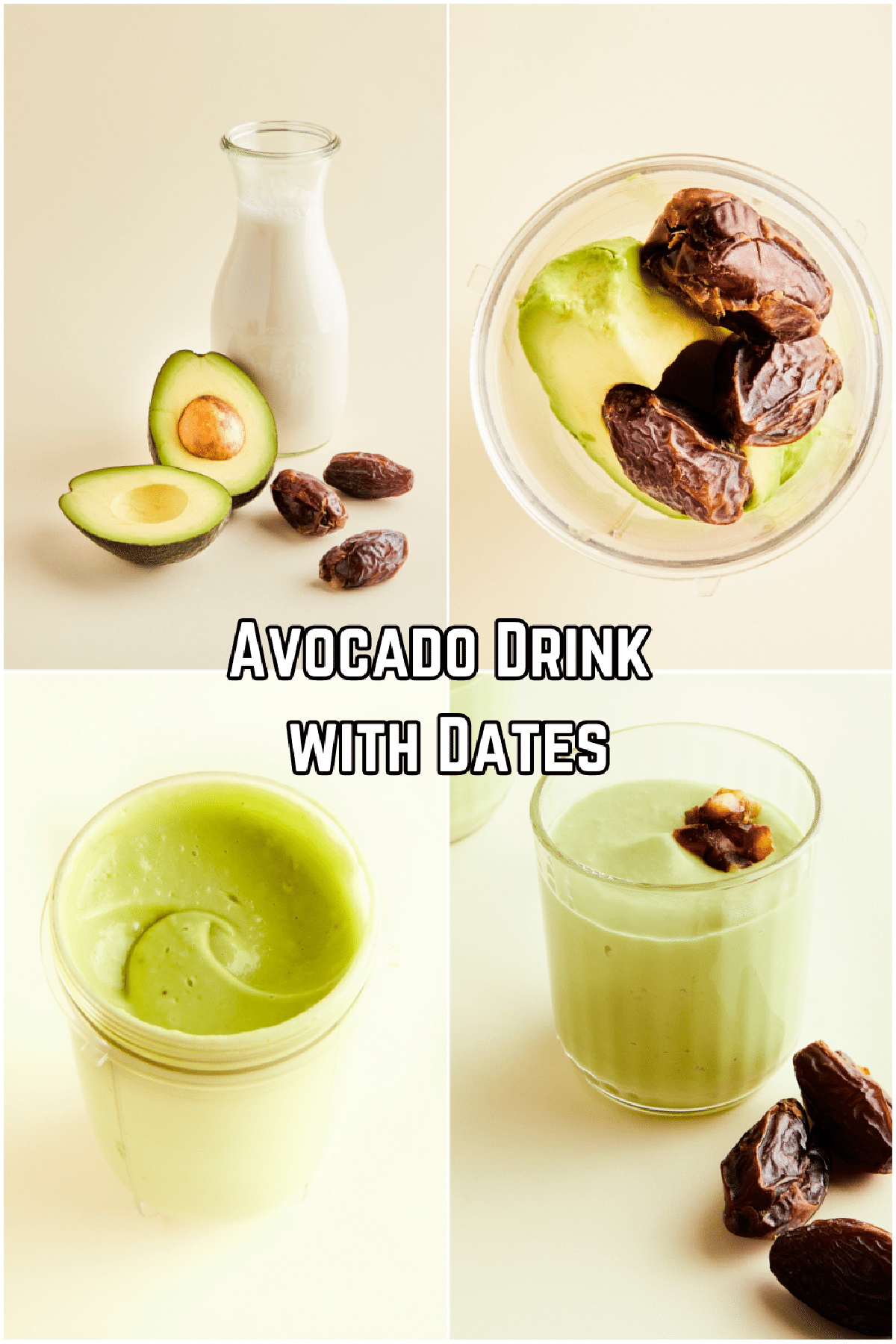 A four image collage shows how to make es pokat avocado smoothie with dates.