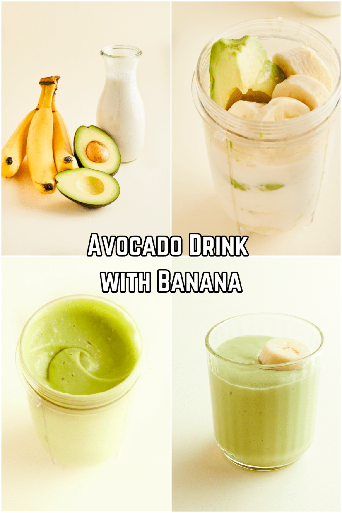 A four image collage shows how to make es pokat avocado drink with bananas.