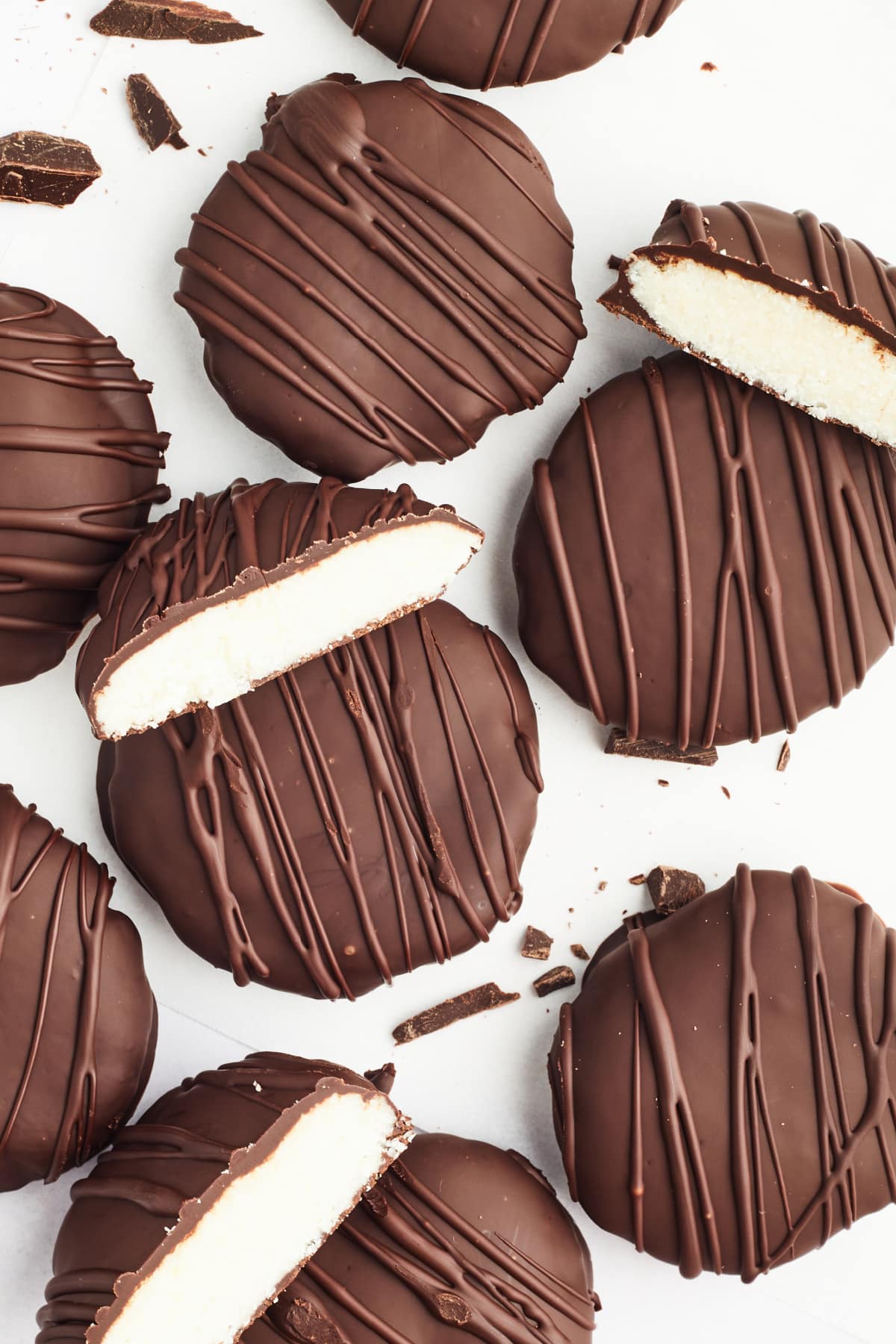 Overhead view vegan peppermint patties on a white background.