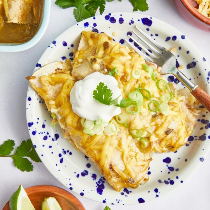Overhead view of two dairy free enchiladas on a plate, garnished with sour cream, sliced green onions, and parsley. Sitting on the side is a bowl of lime wedges, a bowl of shredded cheese, more parsley, and the baking dish of enchiladas.