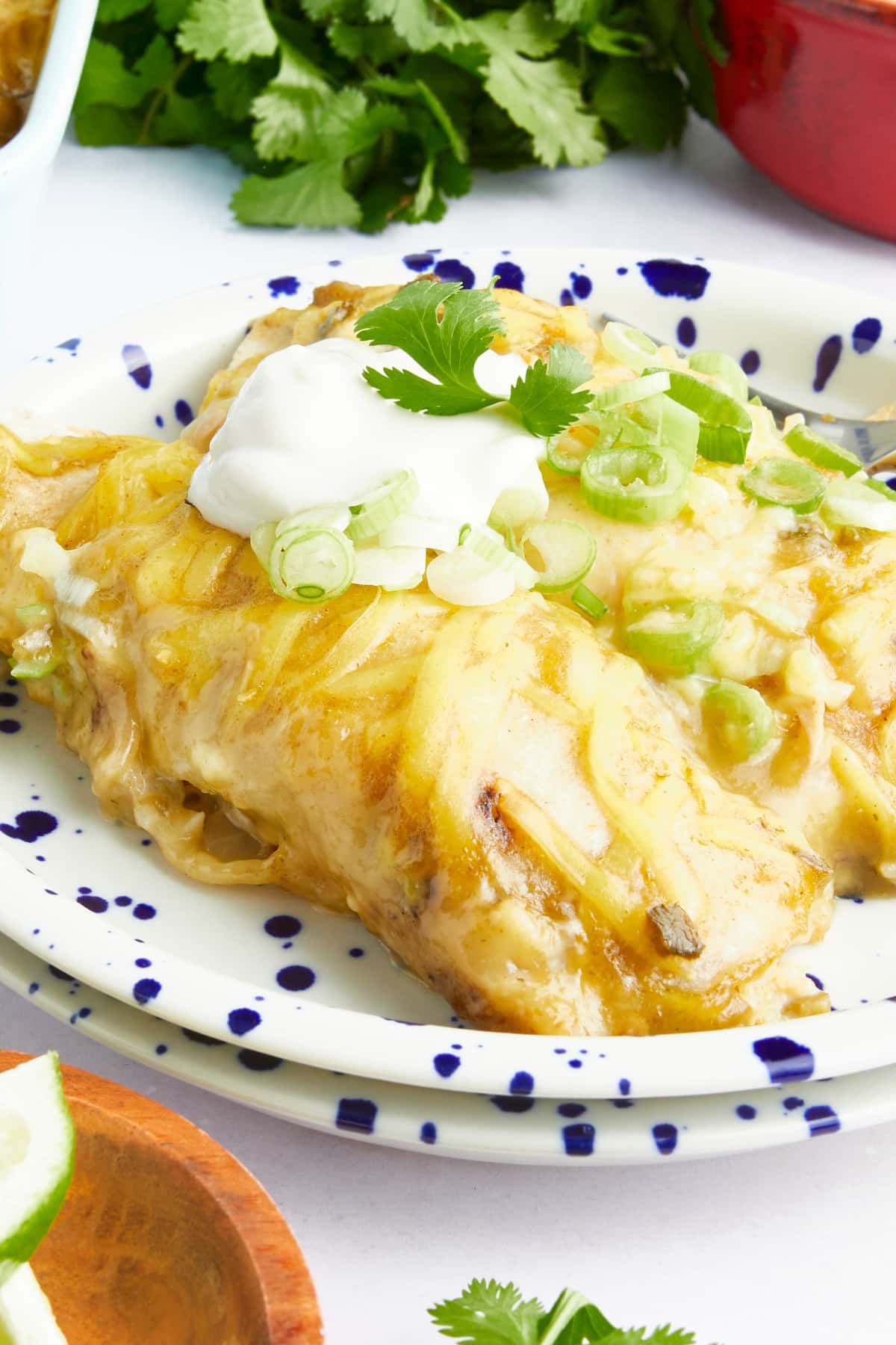 Two dairy free enchiladas on a plate, garnished with sour cream, sliced green onions, and parsley.