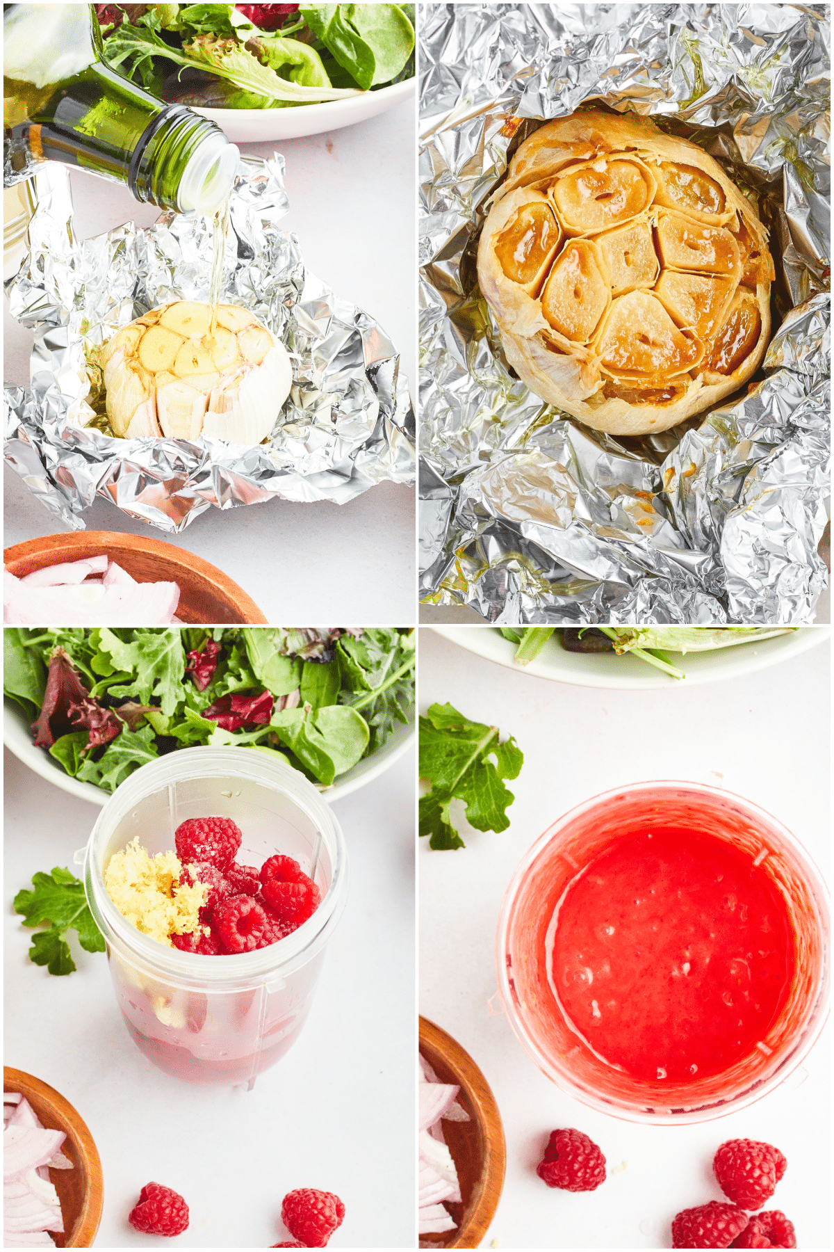 A four image collage shows how to roast garlic and make a raspberry vinaigrette: slice the top from a garlic bulb, drizzle with olive oil, wrap it in foil and roast. Add all of the vinaigrette ingredients to a small blender and blend to a bright red dressing.