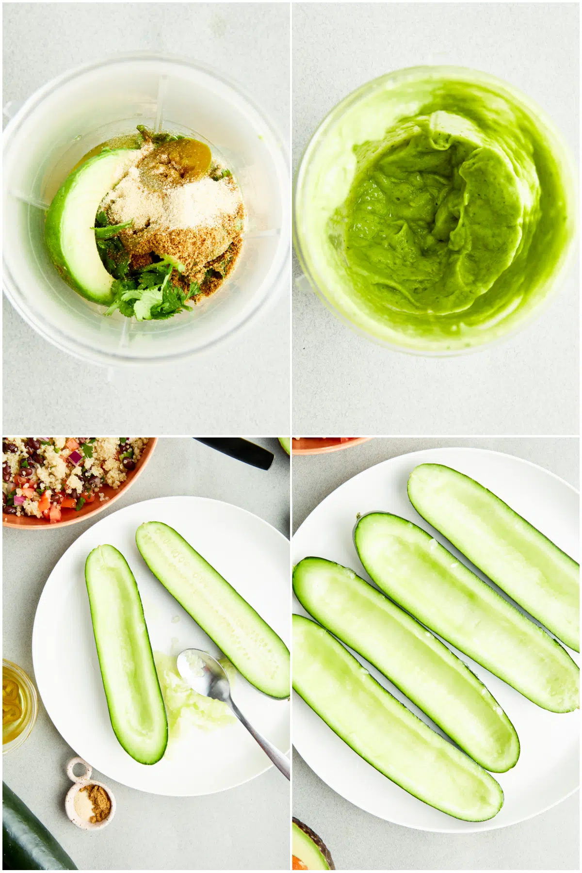 A four image collage showing how to make tangy avocado sauce and cucumber boats: combine avocado, jalapeno, and spices and blend into a smooth sauce. Slice cucumbers lengthwise and scoop out seeds.