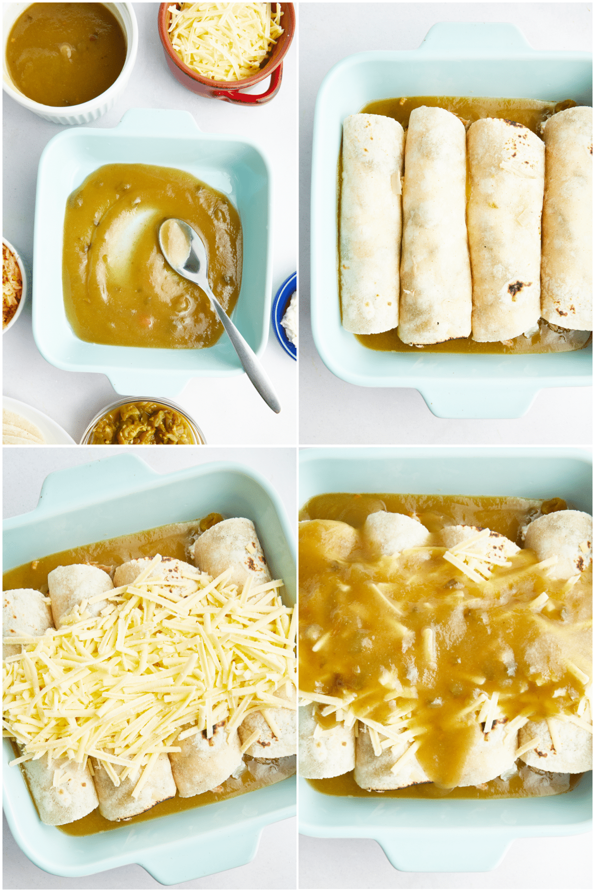 A four image collage showing how to make dairy free Hatch enchiladas: pour and spread enchilada sauce in bottom of a baking dish, roll filled tortillas and line up across dish, top with dairy free cheese and more enchilada sauce.