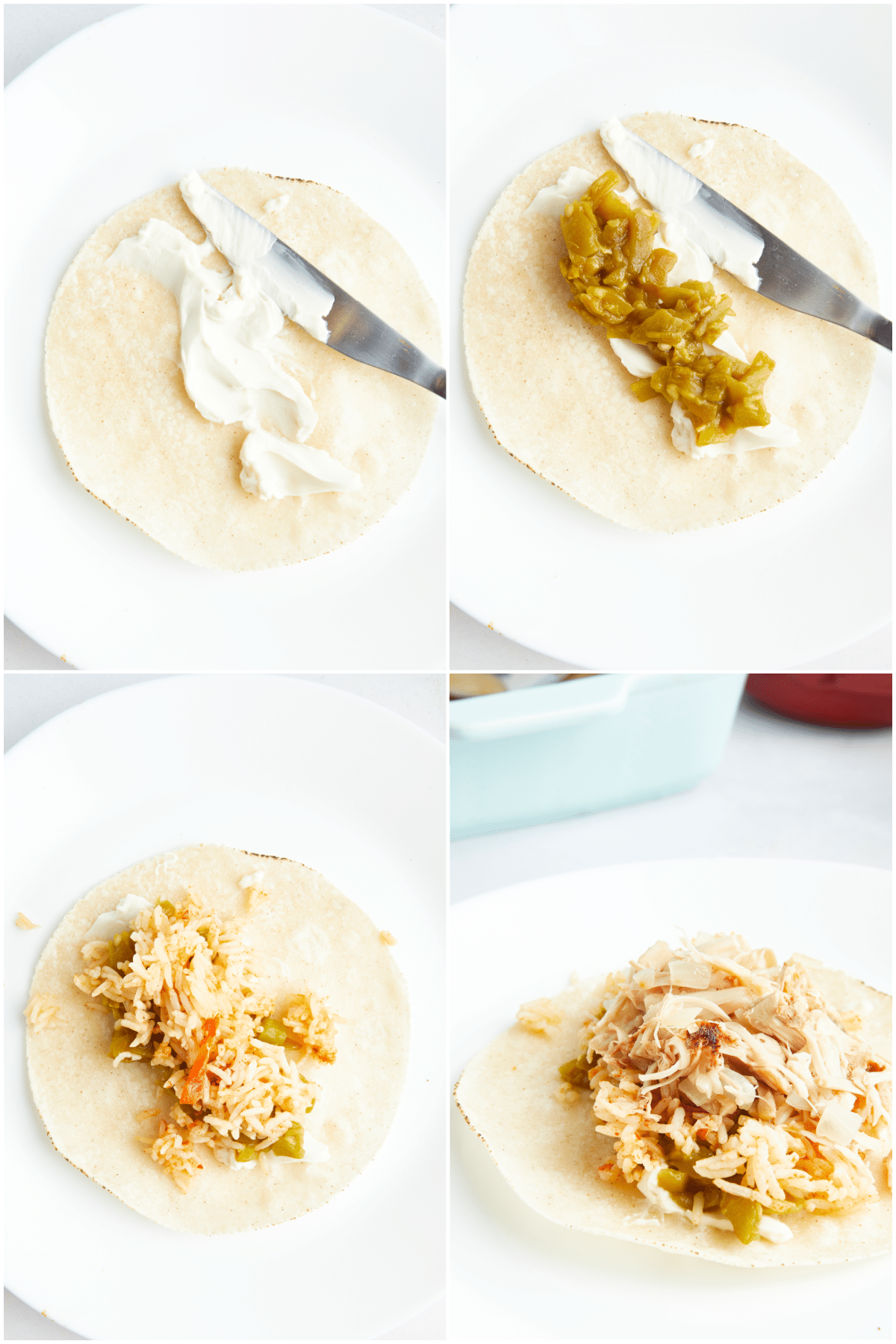 A four image collage showing how to make Hatch chile enchiladas: spread cream cheese on a tortilla, add Hatch chiles, add rice and jackfruit.