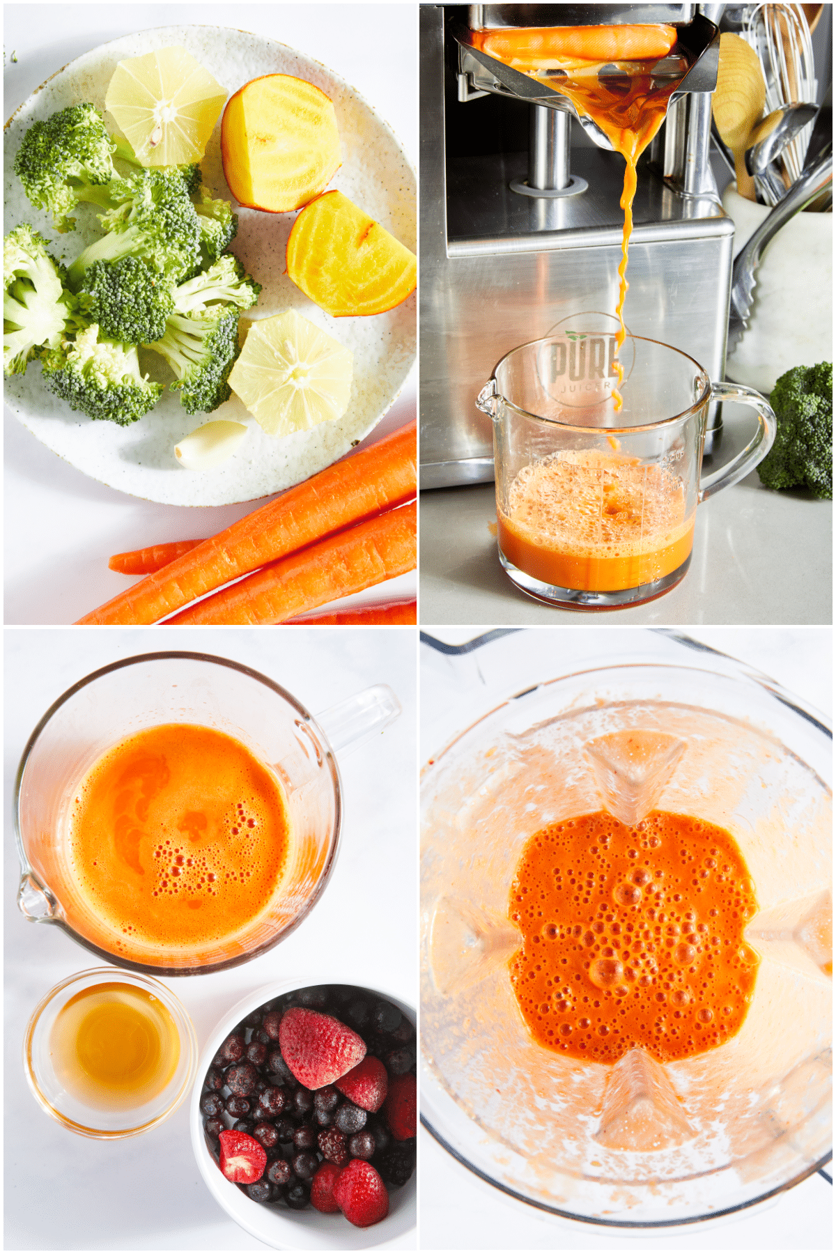 A four image collage showing how to make healthy defense juice, an immune boosting juice: chop a large tree of broccoli into smaller pieces, peel and seed a lemon, peel garlic cloves, and slice golden beets in smaller pieces. Push through juicer. Transfer fresh juice to blender and blend with mixed berries and apple cider vinegar.