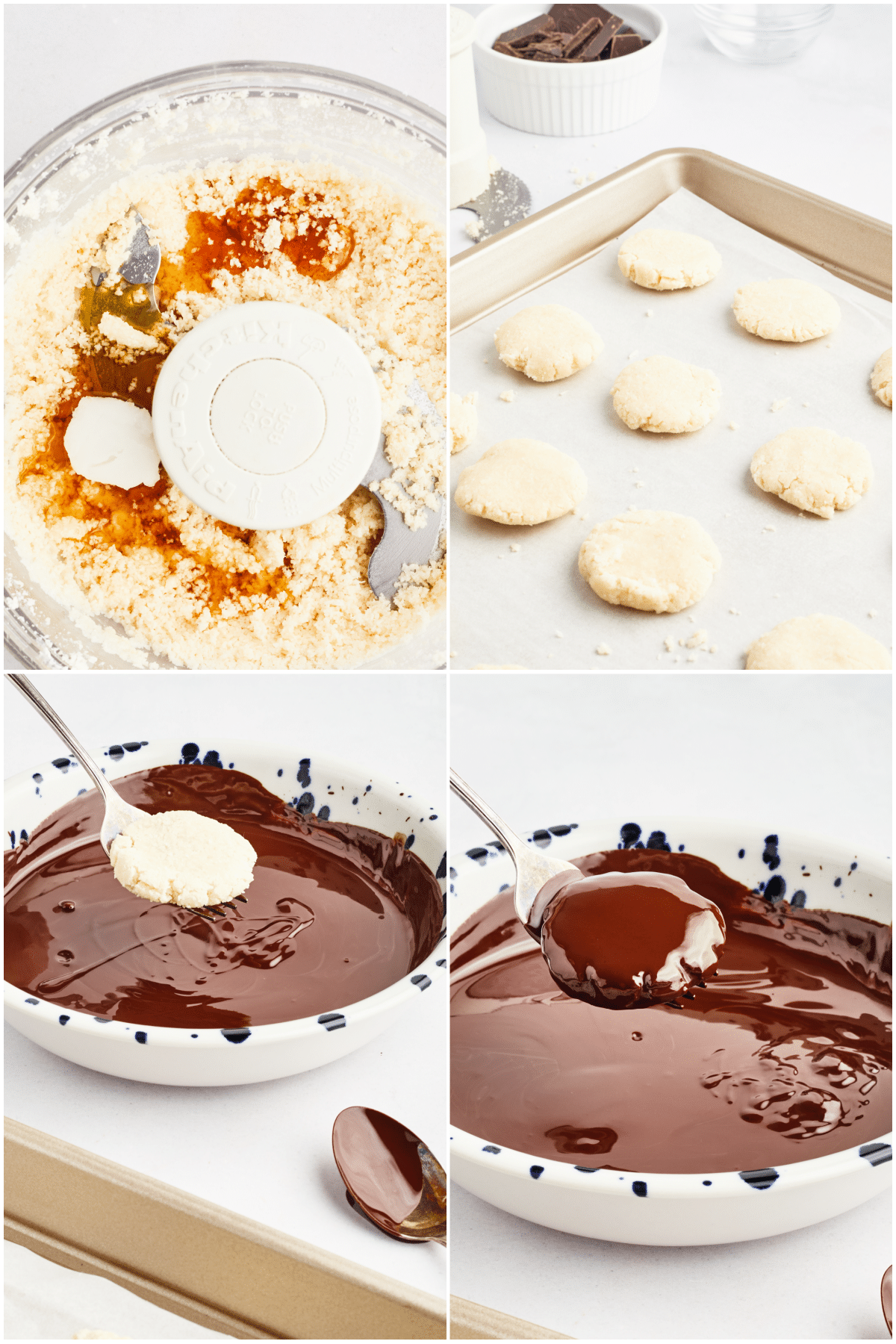 A four image collage showing how to make dairy free peppermint patties: process coconut to a paste, add flavorings and sweetener, shape into discs, and dip into melted chocolate.