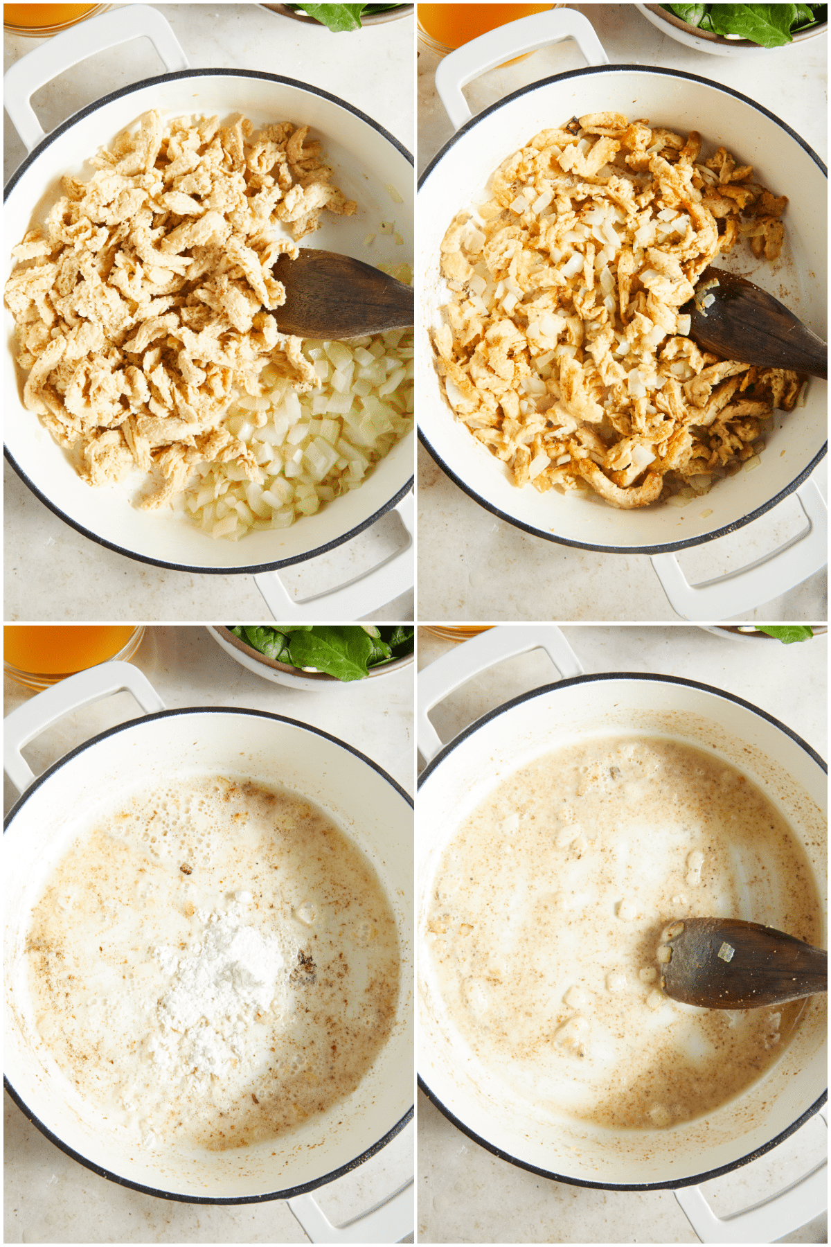 A four image collage showing how to make vegan chicken piccata, part 2: Add soy curls to sautéed onion and garlic, continue to cook. Remove from pan, and add butter and flour.