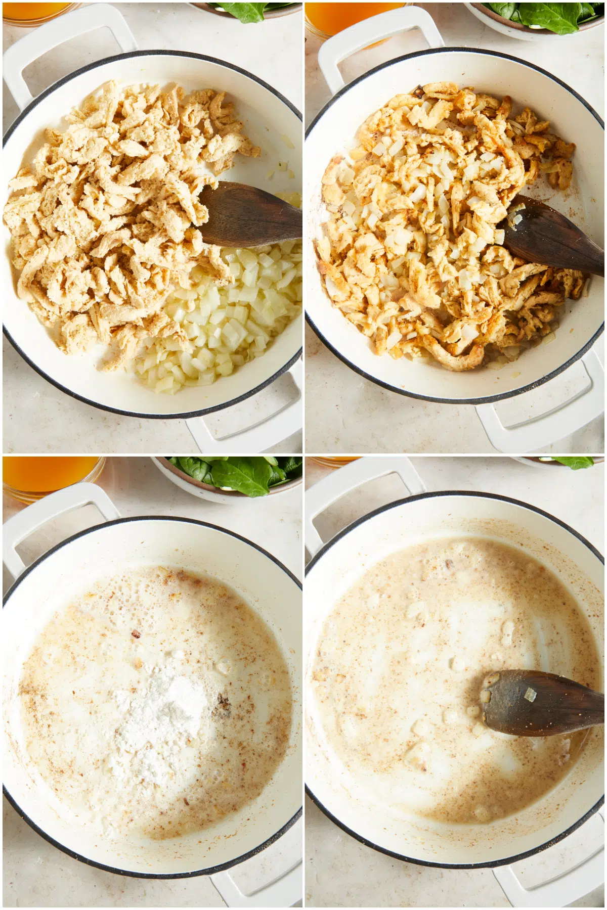 A four image collage showing how to make vegan chicken piccata, part 2: Add soy curls to sautéed onion and garlic, continue to cook. Remove from pan, and add butter and flour.