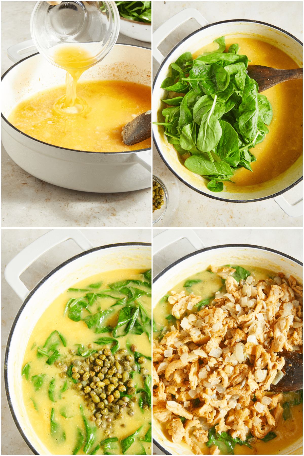 A four image collage showing how to make vegan chicken piccata, part 3: add broth to butter and flour, deglaze pan. add spinach, lemon juice, capers, and the already cooked soy curls mixture. Combine and serve over pasta.