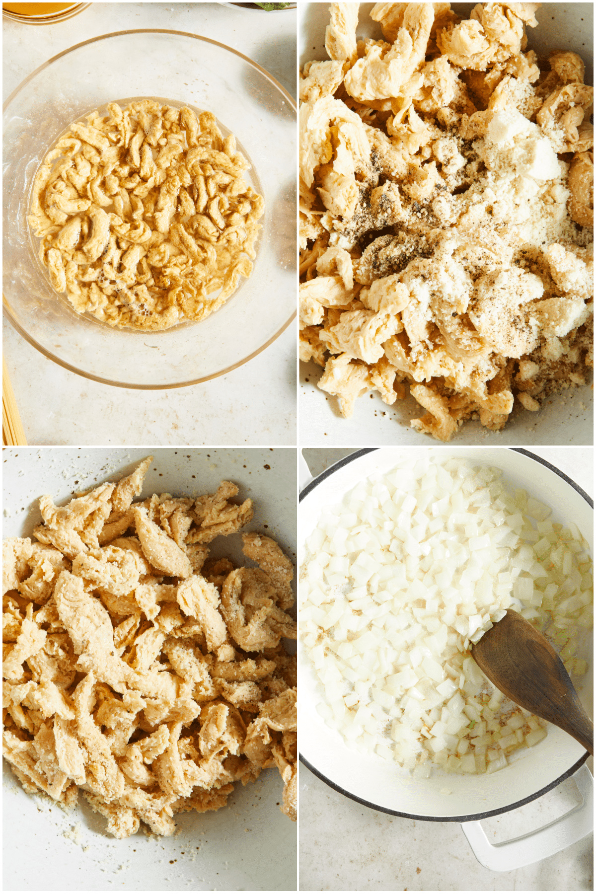 A four image collage showing how to make vegan chicken piccata, part 1: rehydrate soy curls by soaking them in hot water, drain soy curls and coat in almond flour, sauté onion and garlic.