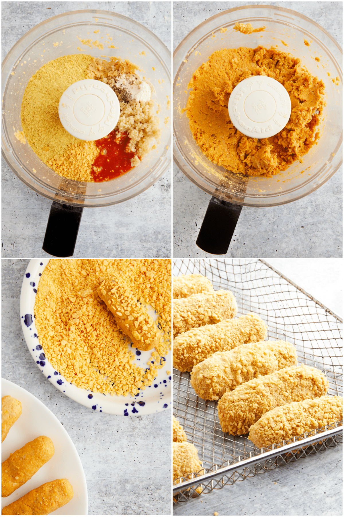 Four image collage showing how to make vegan buffalo wings: add corn flake crumbs, cooked quinoa, buffalo sauce, and spices to processed chickpeas and combine. Shape into wings, coat with more corn flake crumbs, and bake or air fry.