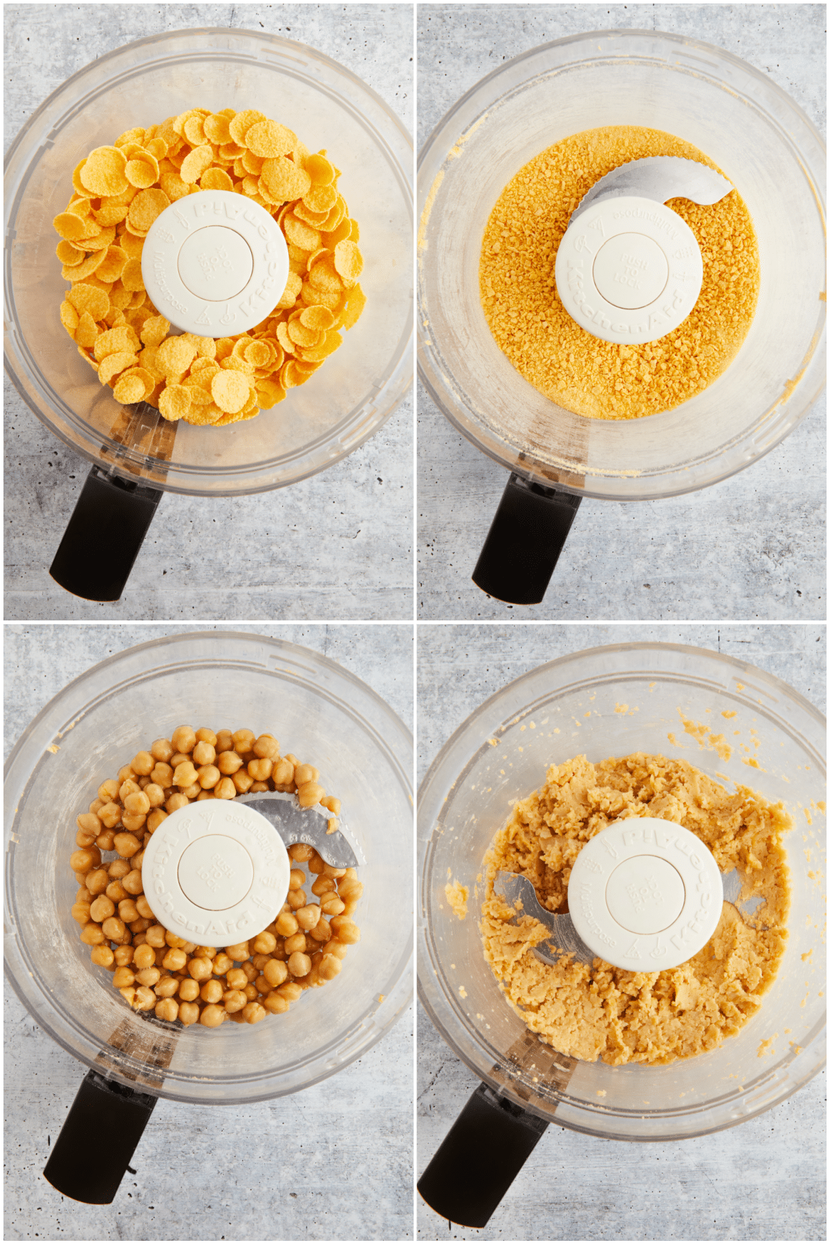 Four image collage showing how to make vegan chicken wings: add corn flakes to food processor and process to a crumb, add chickpeas and process.