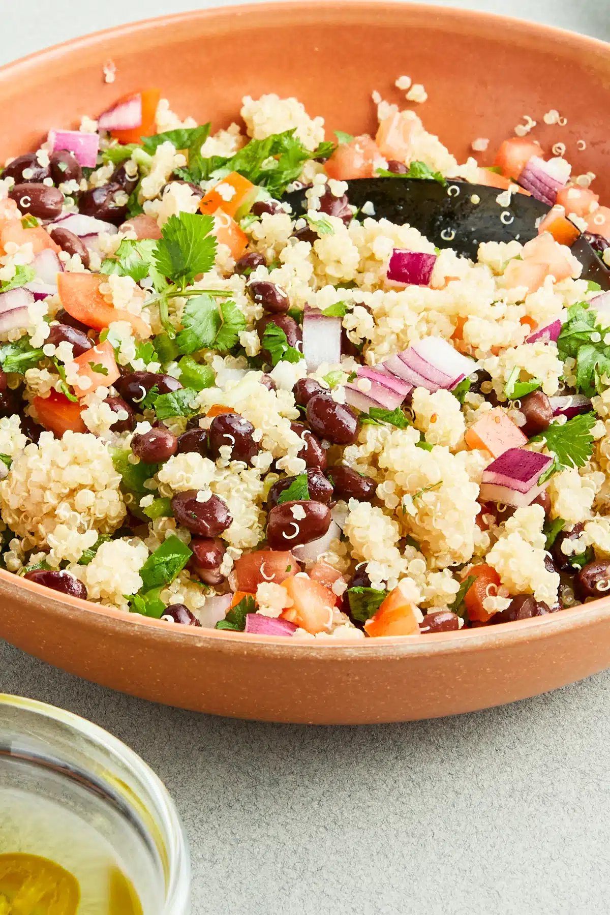 A tex mex quinoa salad with beans, jalapeno, tomato, red onion, herbs and spices is served in a terracotta colored bowl. A small bowl of pickled jalapeno is on the side.